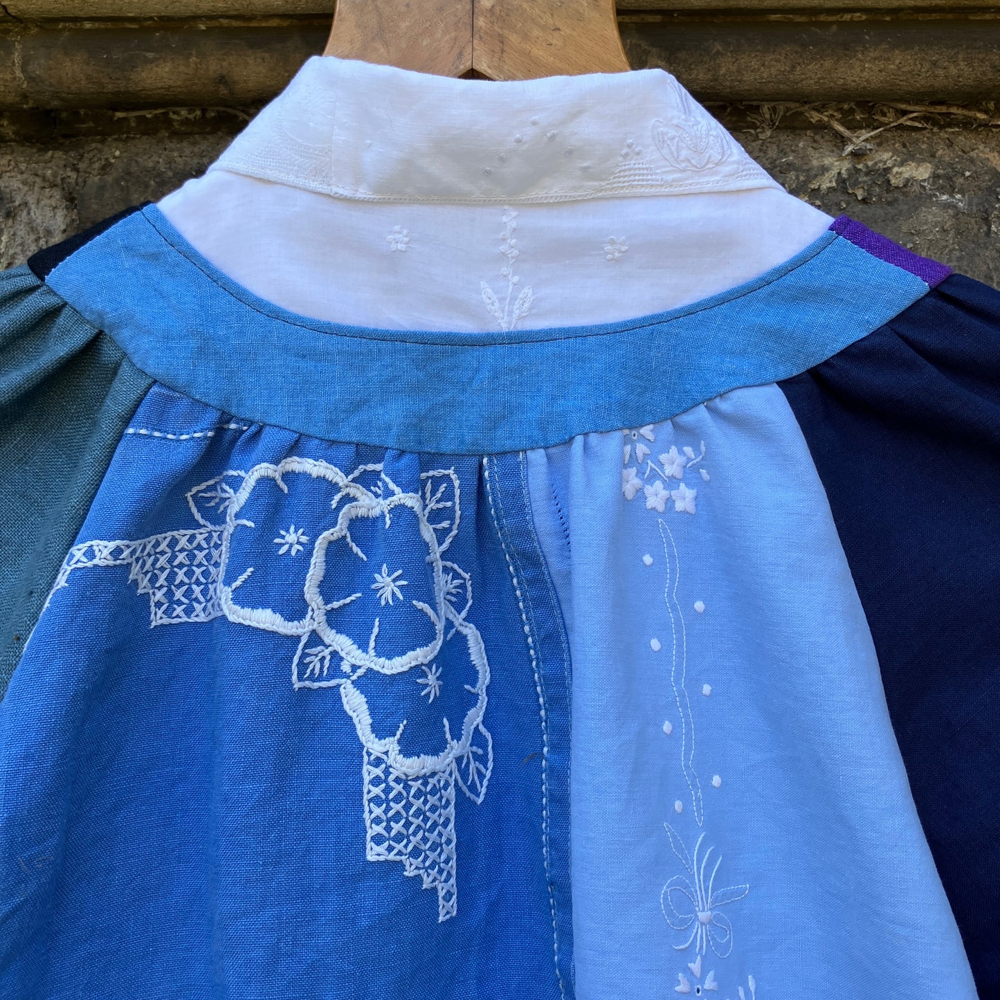 blue linen patchwork smock top with reclaimed wooden buttons