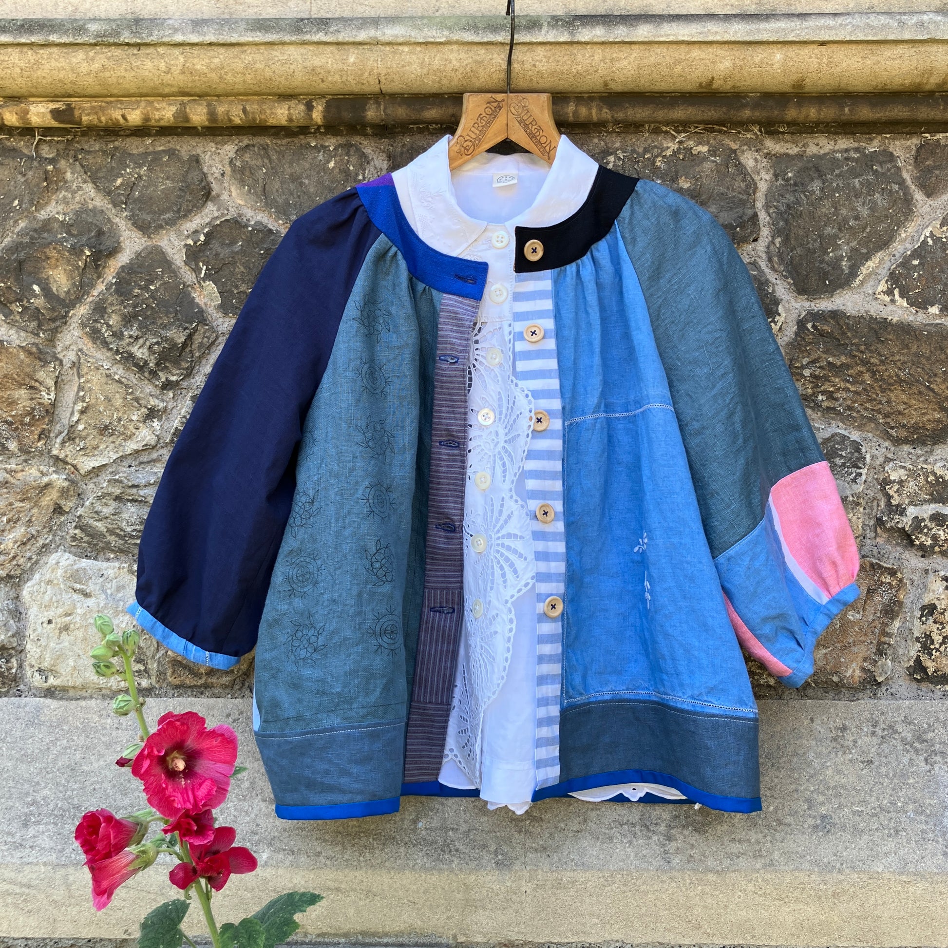 blue linen patchwork smock top with reclaimed wooden buttons