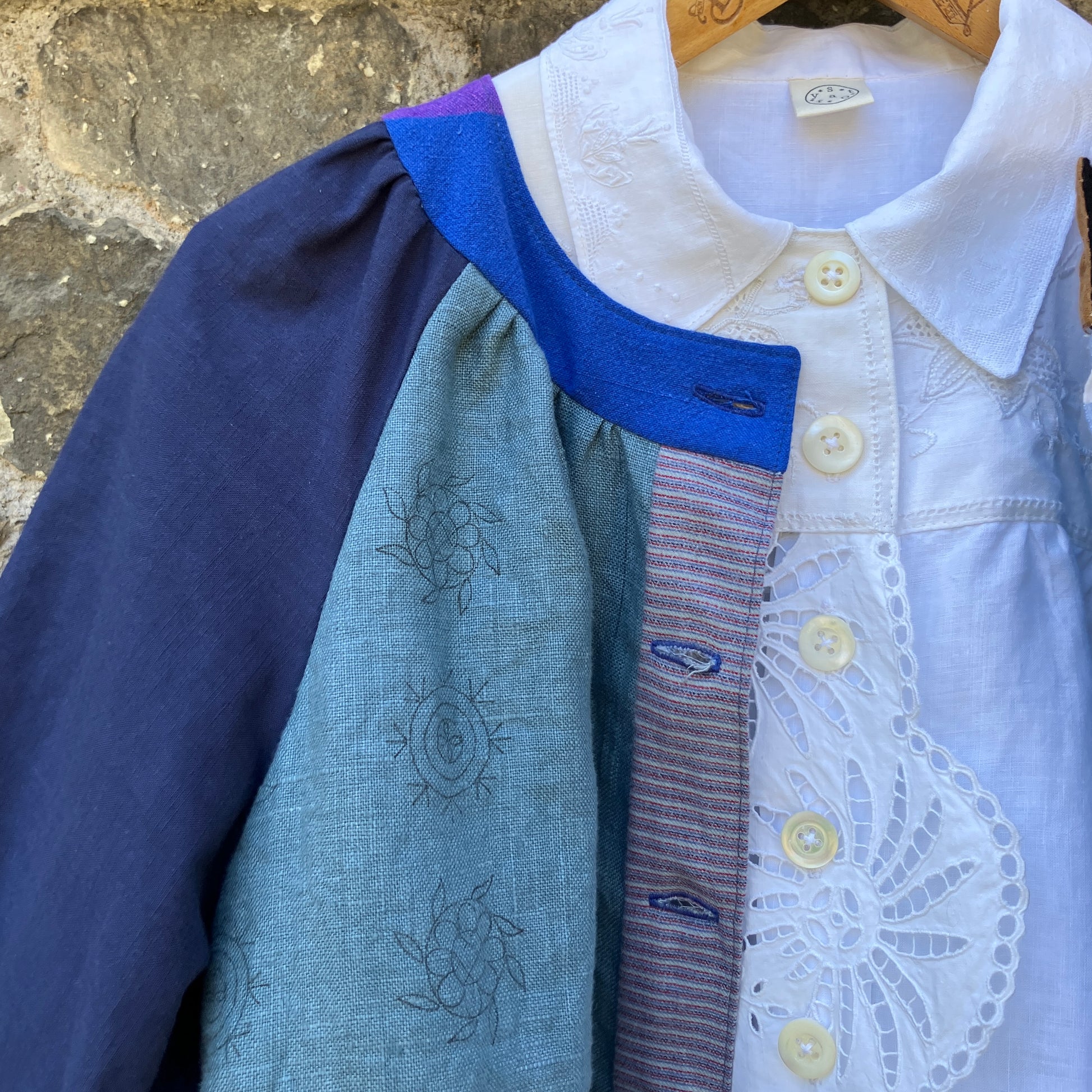 blue linen patchwork smock top with reclaimed wooden buttons