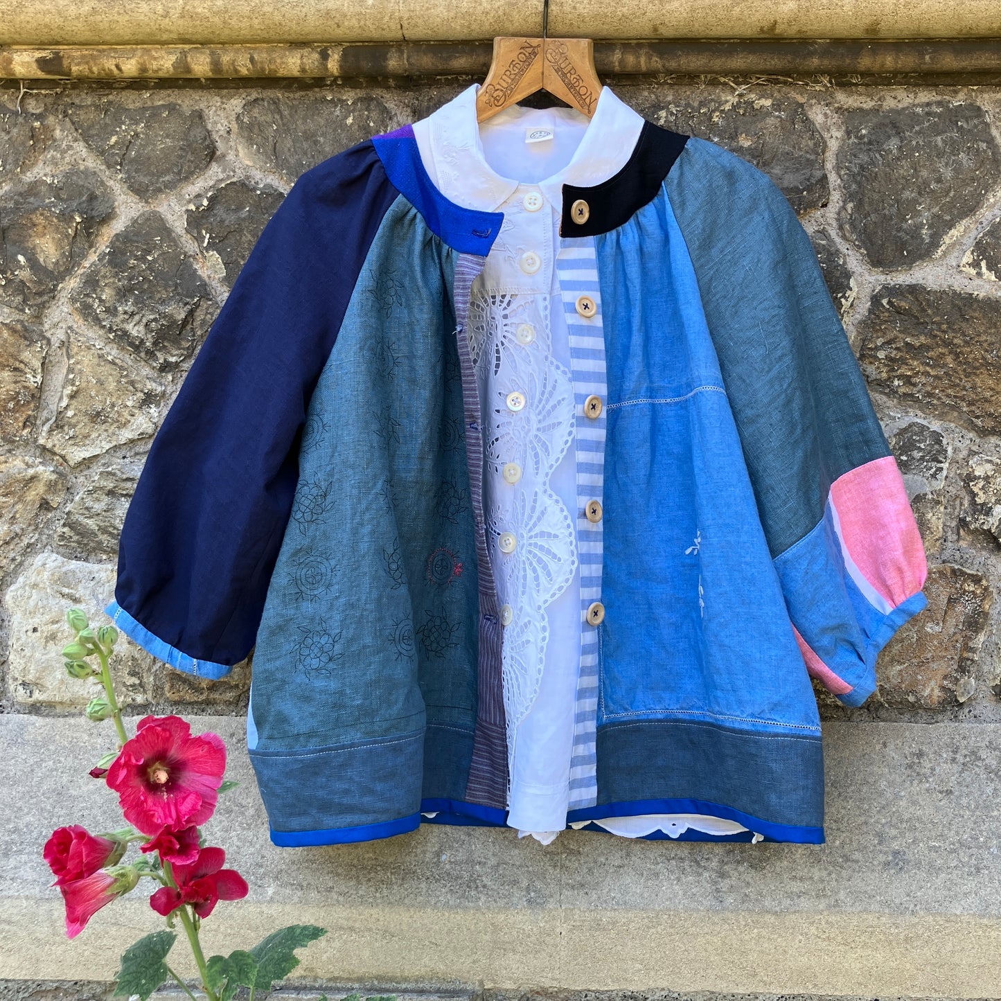 blue linen patchwork smock top with reclaimed wooden buttons