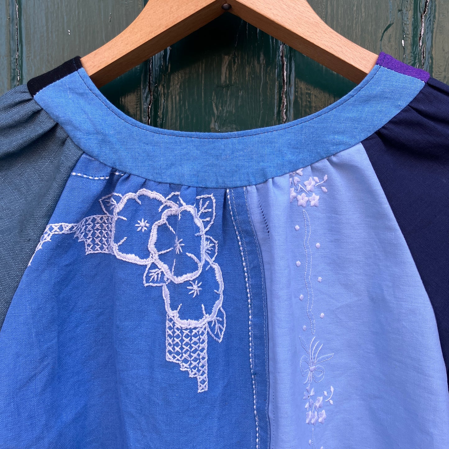 blue linen patchwork smock top with reclaimed wooden buttons