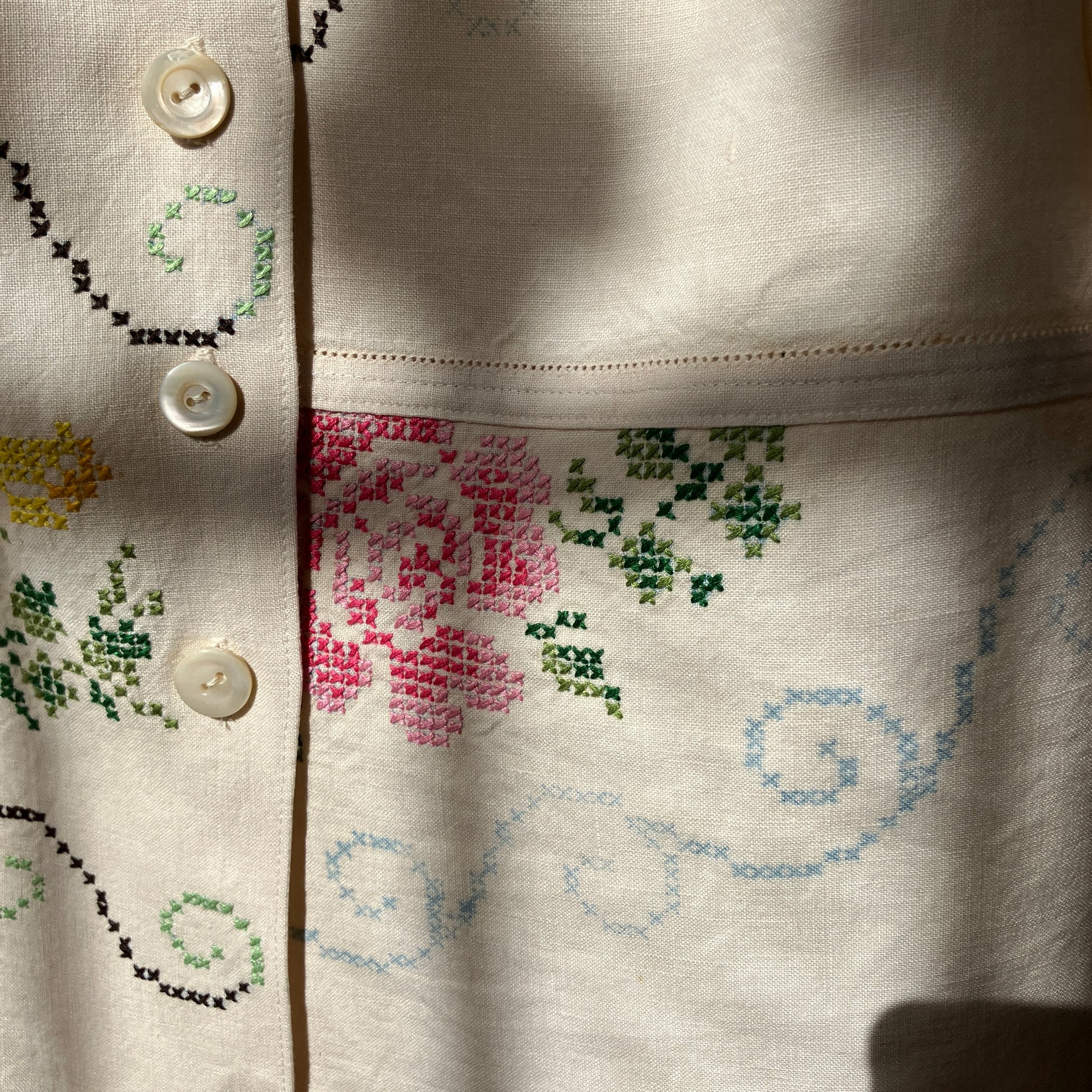 Blouse made from recycled cross stitch linen tablecloth