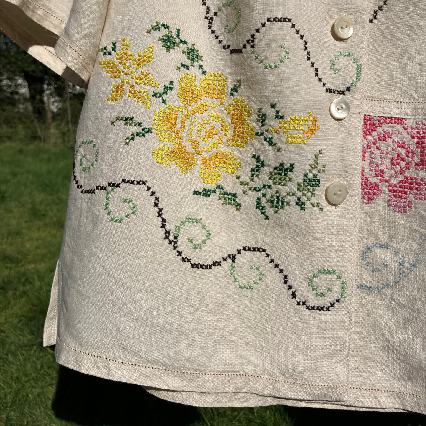 Blouse made from recycled cross stitch linen tablecloth