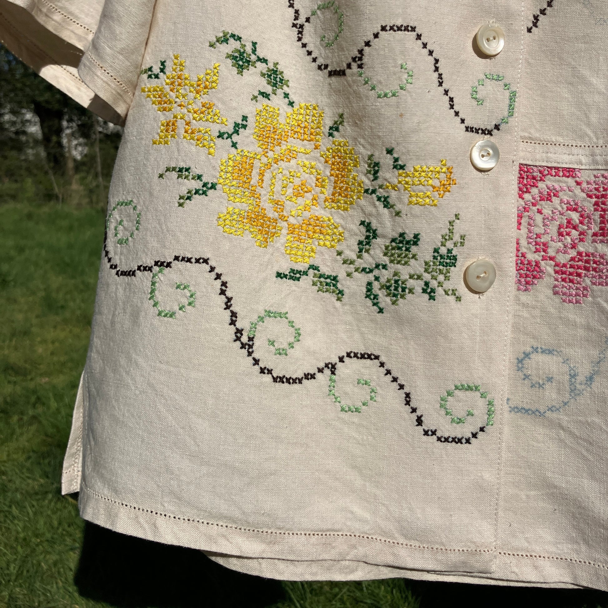 Blouse made from recycled cross stitch linen tablecloth