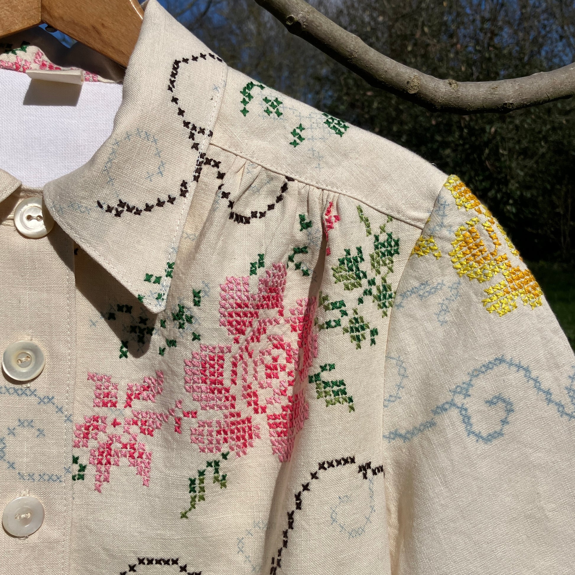 Blouse made from recycled cross stitch linen tablecloth
