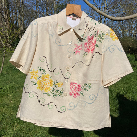 Blouse made from recycled cross stitch linen tablecloth