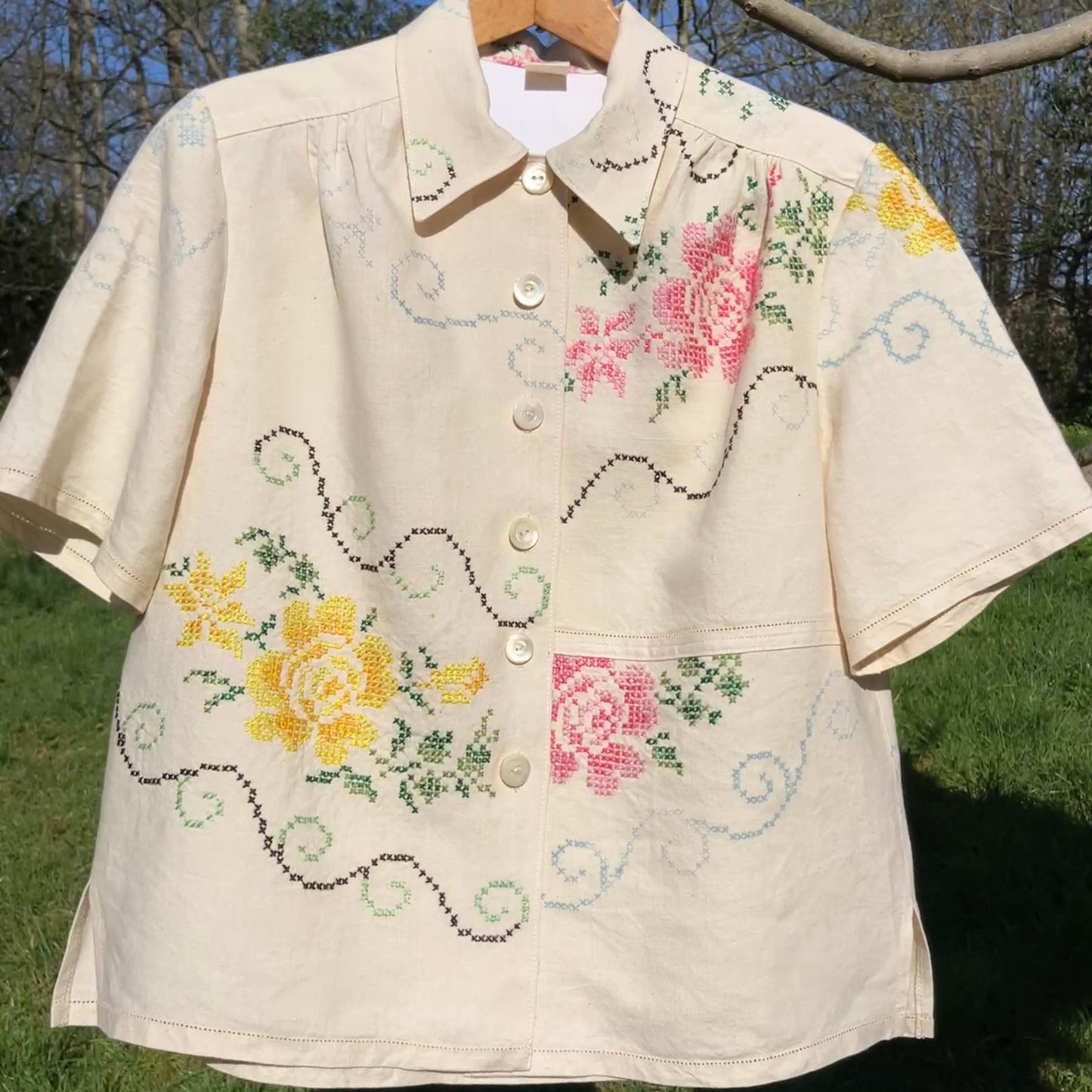 Blouse made from recycled cross stitch linen tablecloth