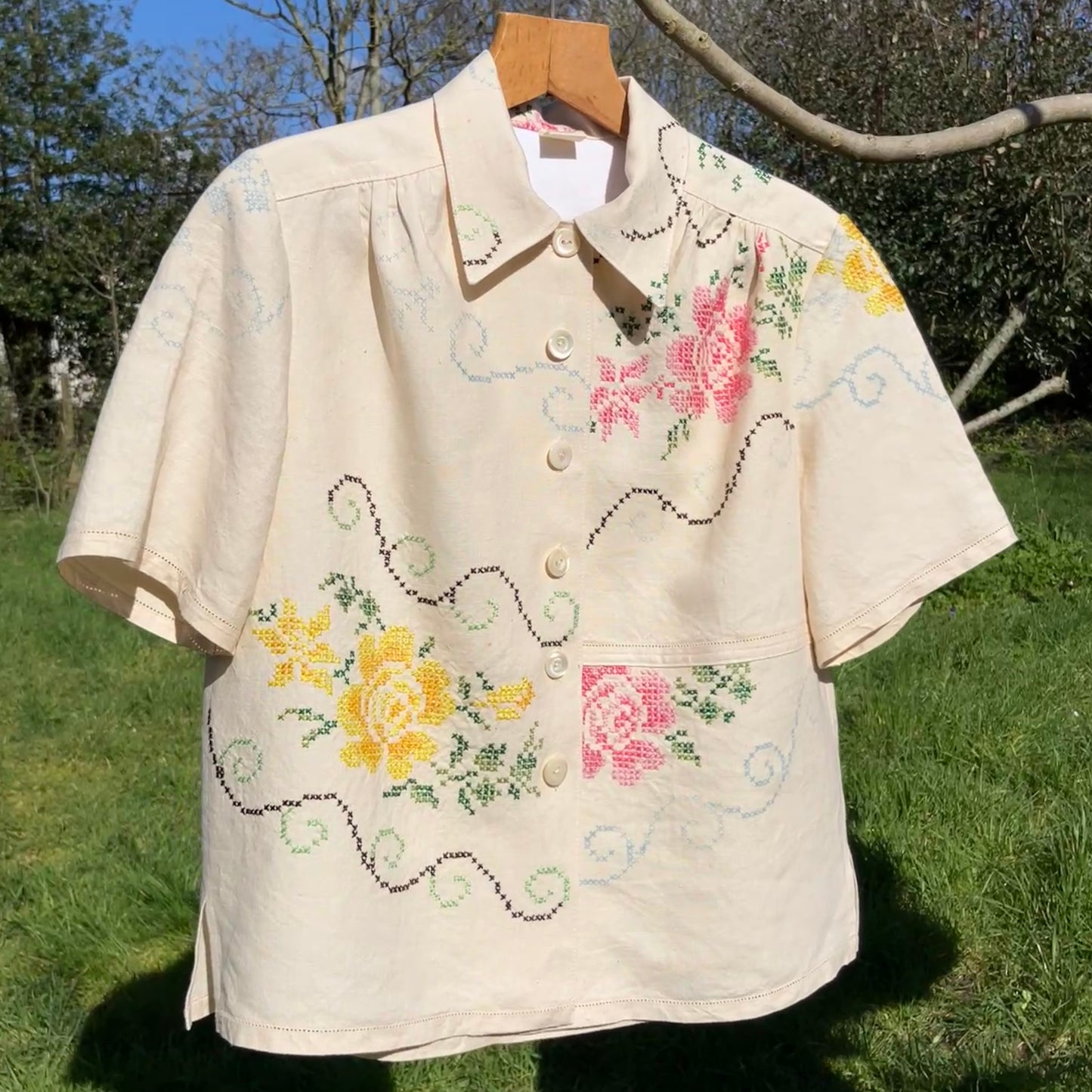Blouse made from recycled cross stitch linen tablecloth
