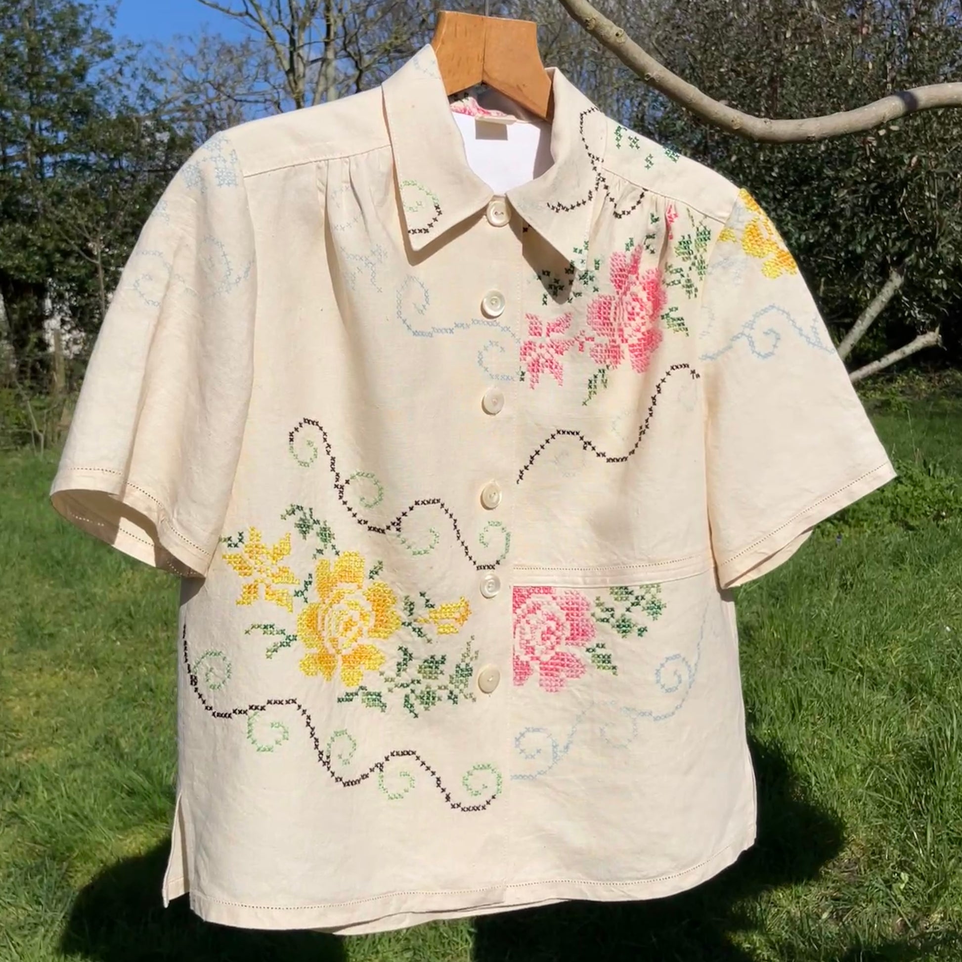 Blouse made from recycled cross stitch linen tablecloth