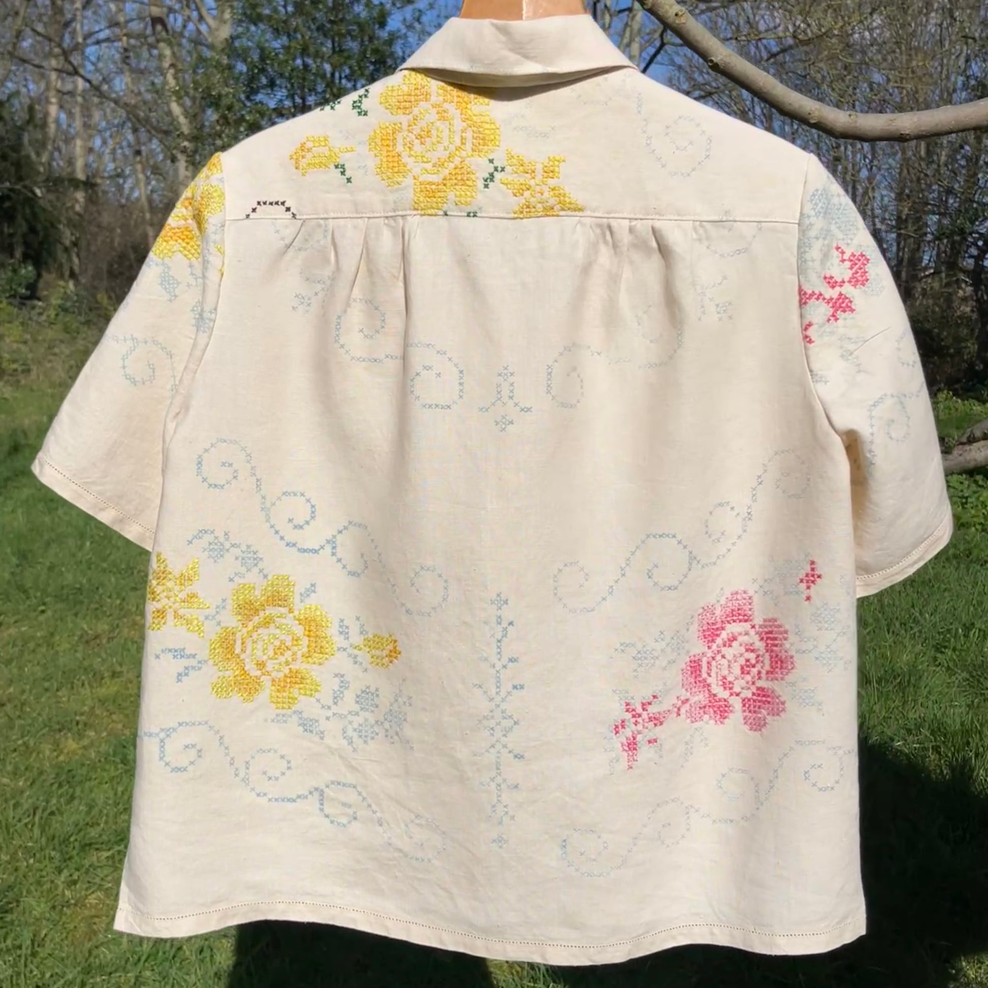 Blouse made from recycled cross stitch linen tablecloth