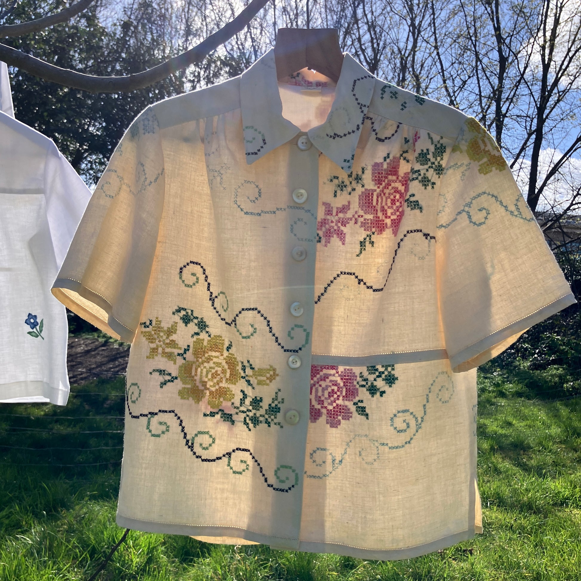 Blouse made from recycled cross stitch linen tablecloth