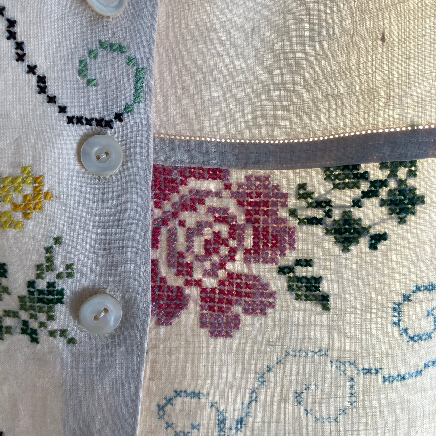 Blouse made from recycled cross stitch linen tablecloth
