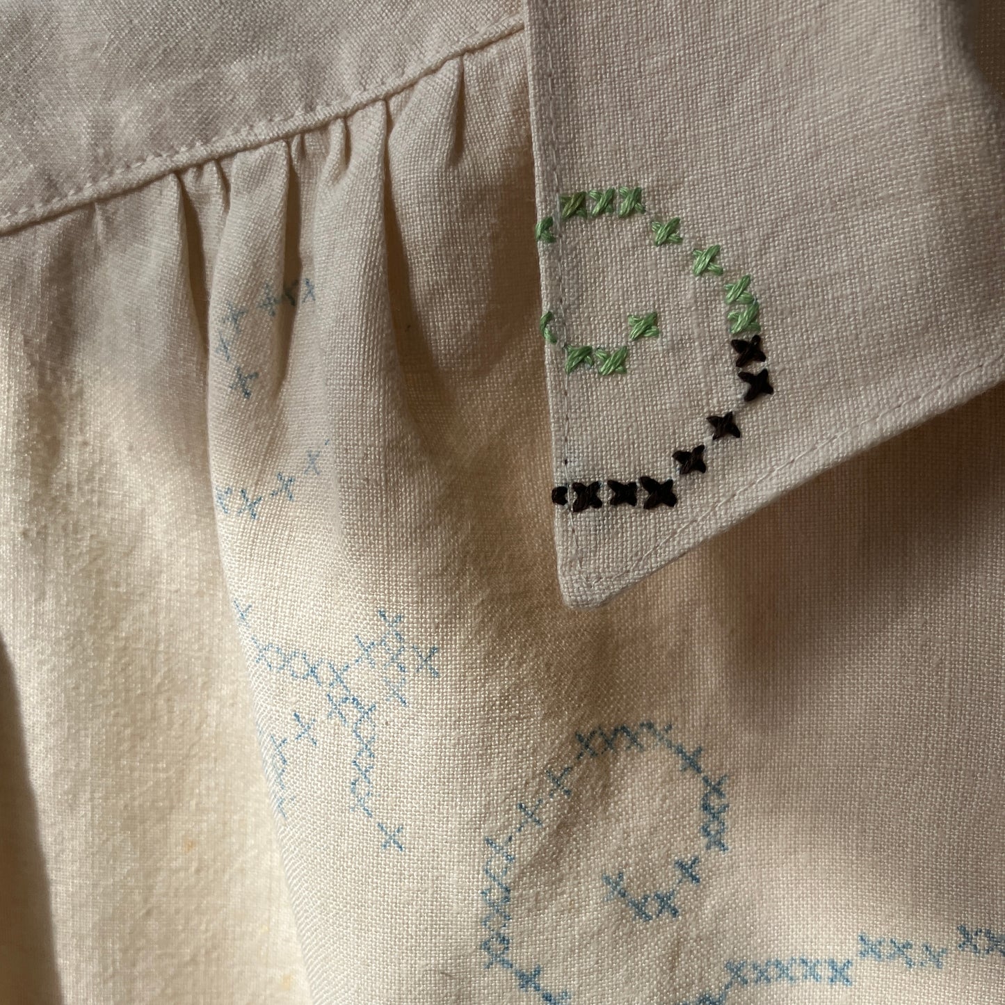 Blouse made from recycled cross stitch linen tablecloth