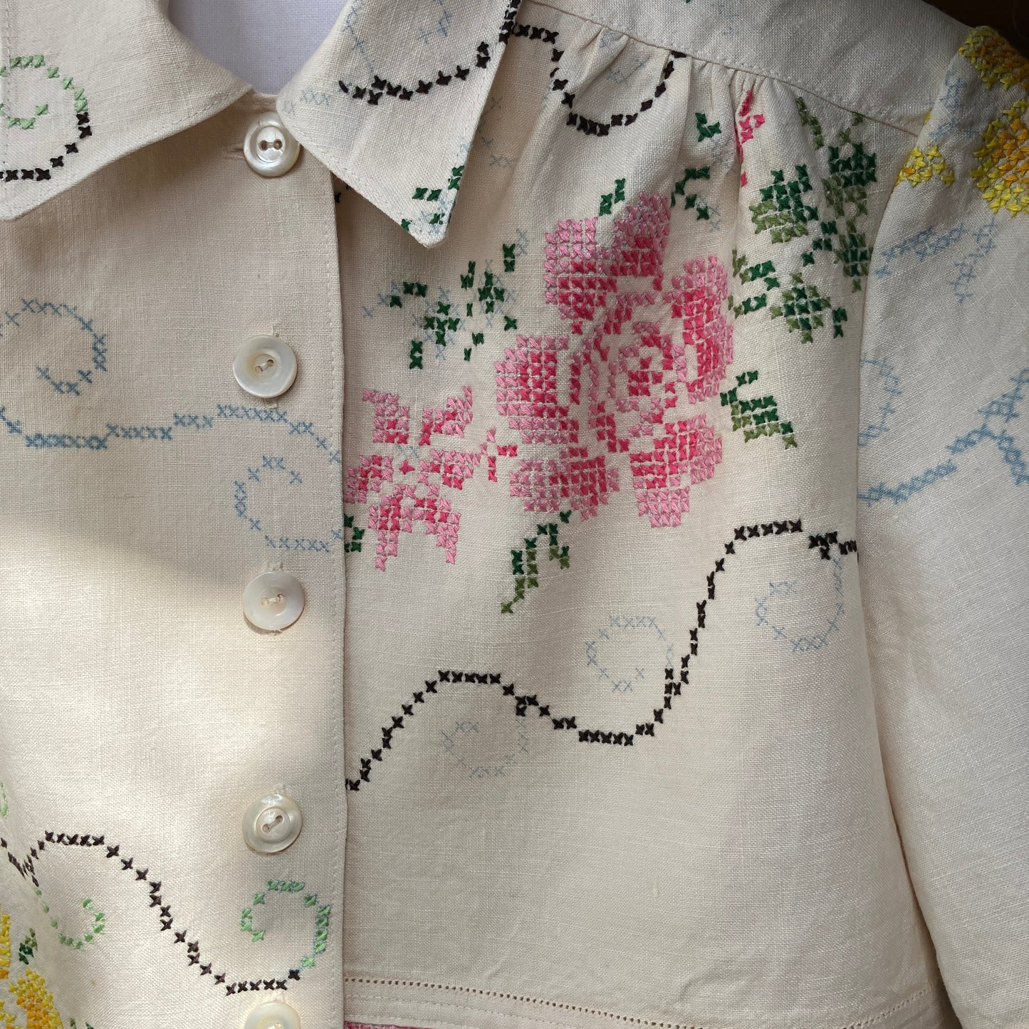 Blouse made from recycled cross stitch linen tablecloth