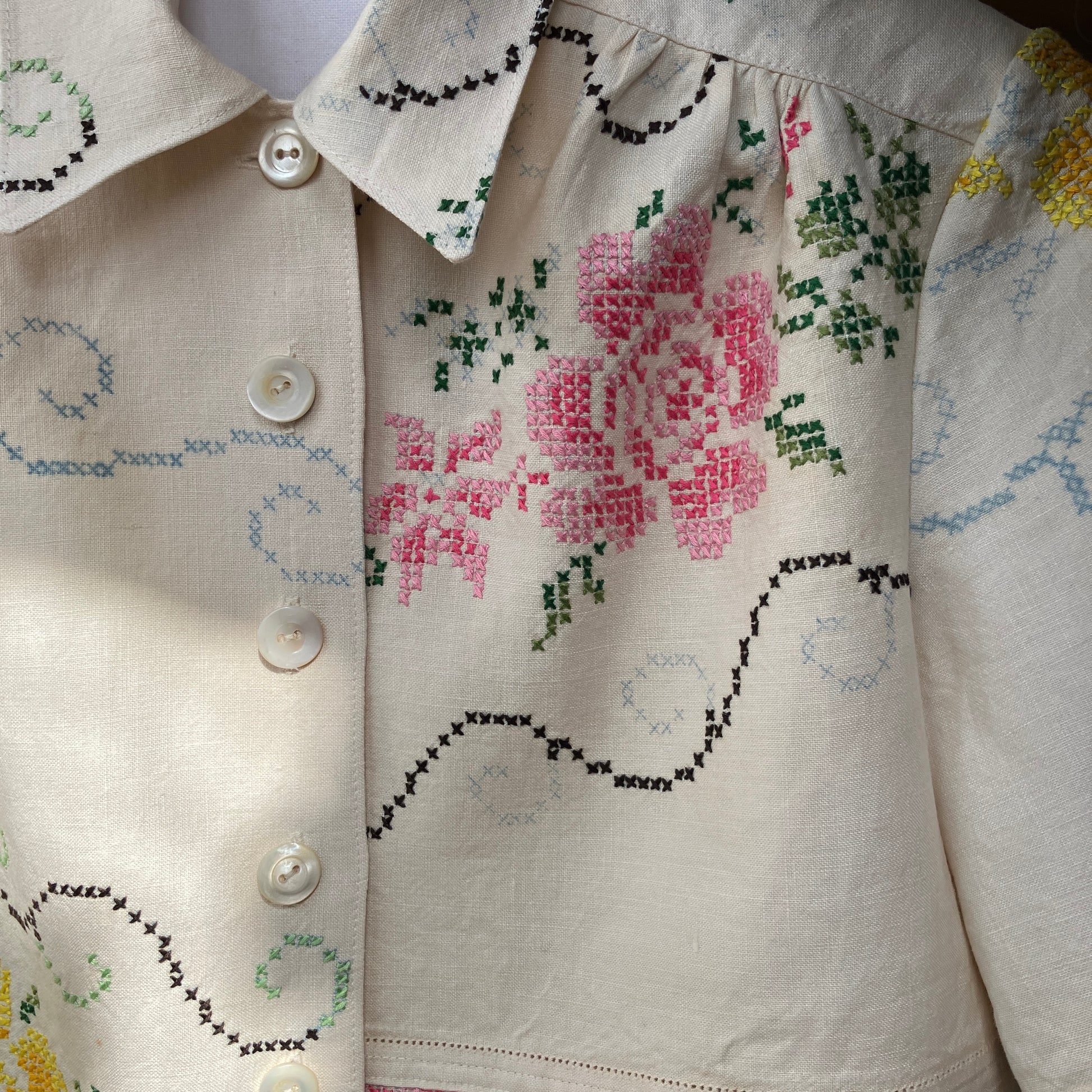 Blouse made from recycled cross stitch linen tablecloth