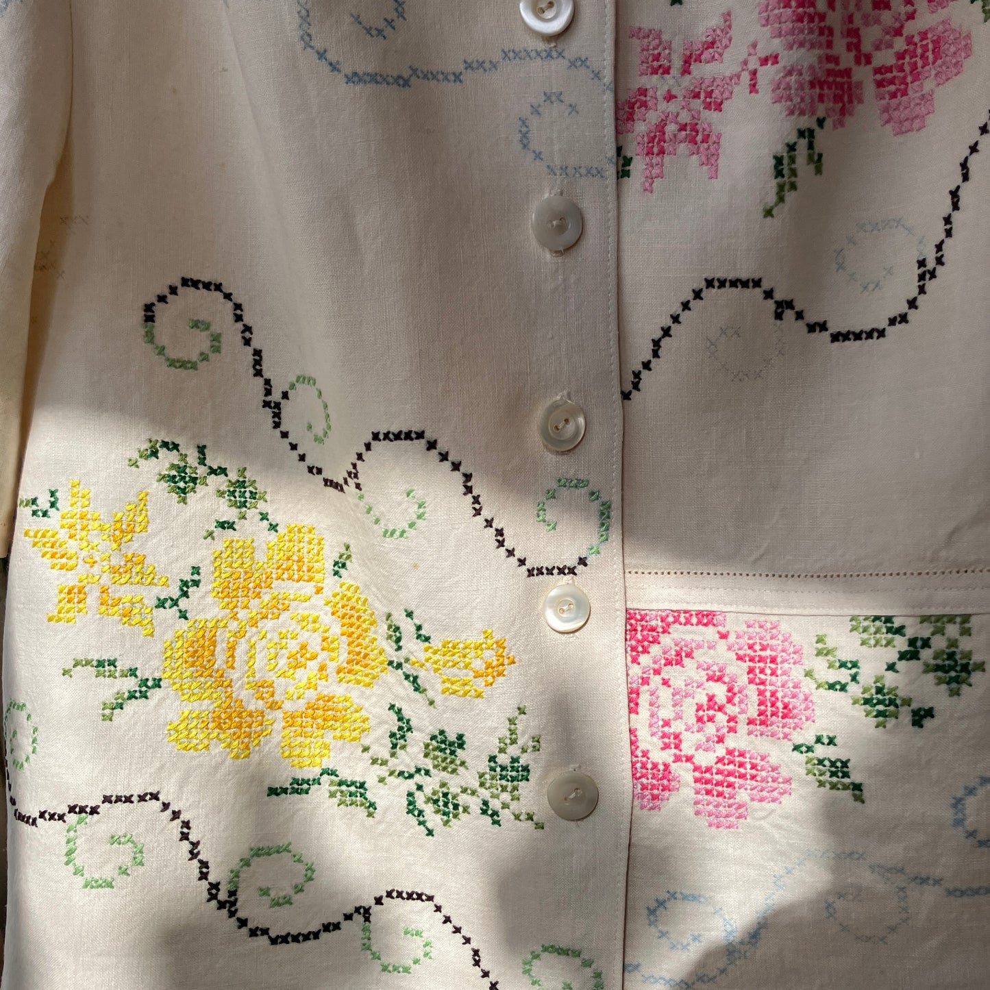 Blouse made from recycled cross stitch linen tablecloth