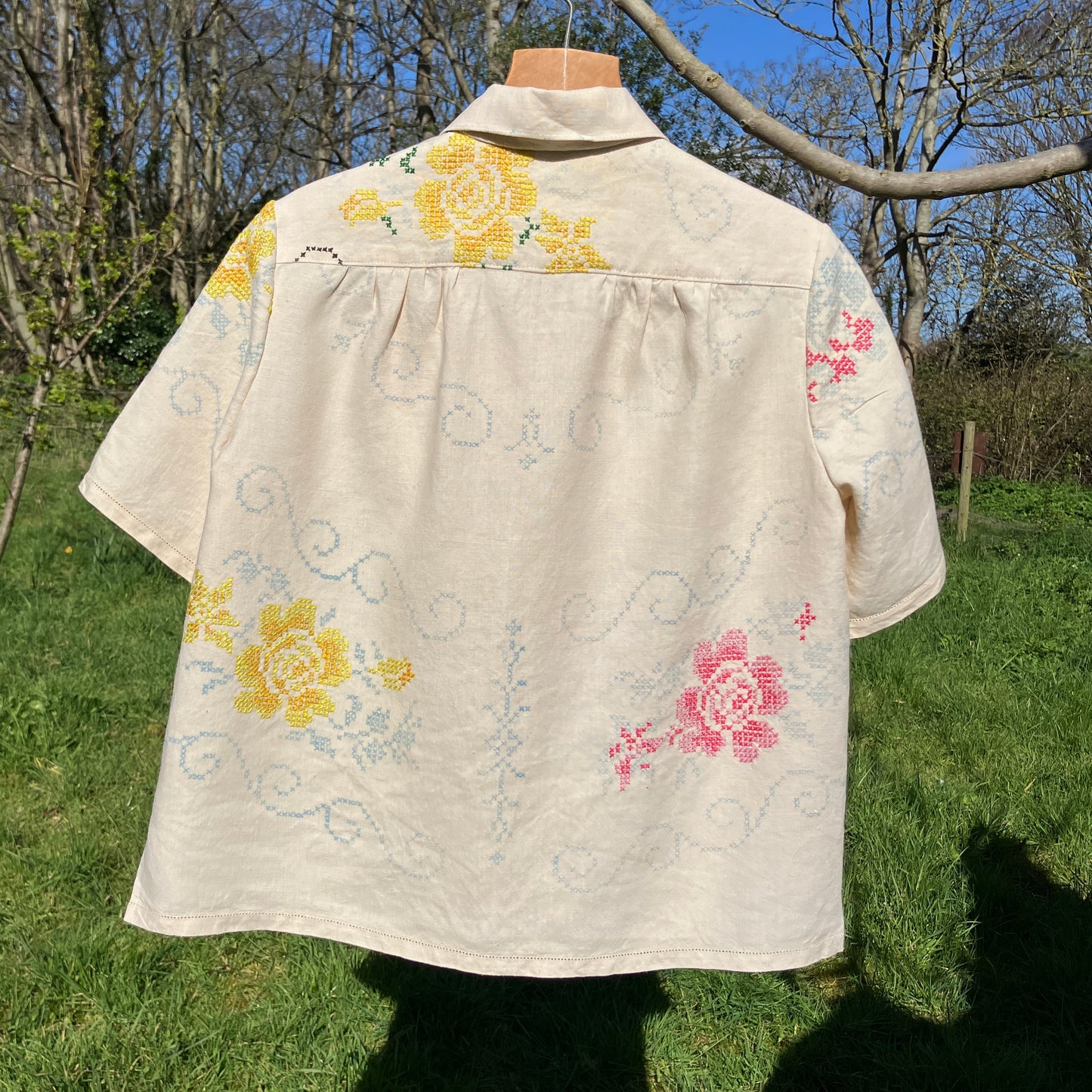 Blouse made from recycled cross stitch linen tablecloth