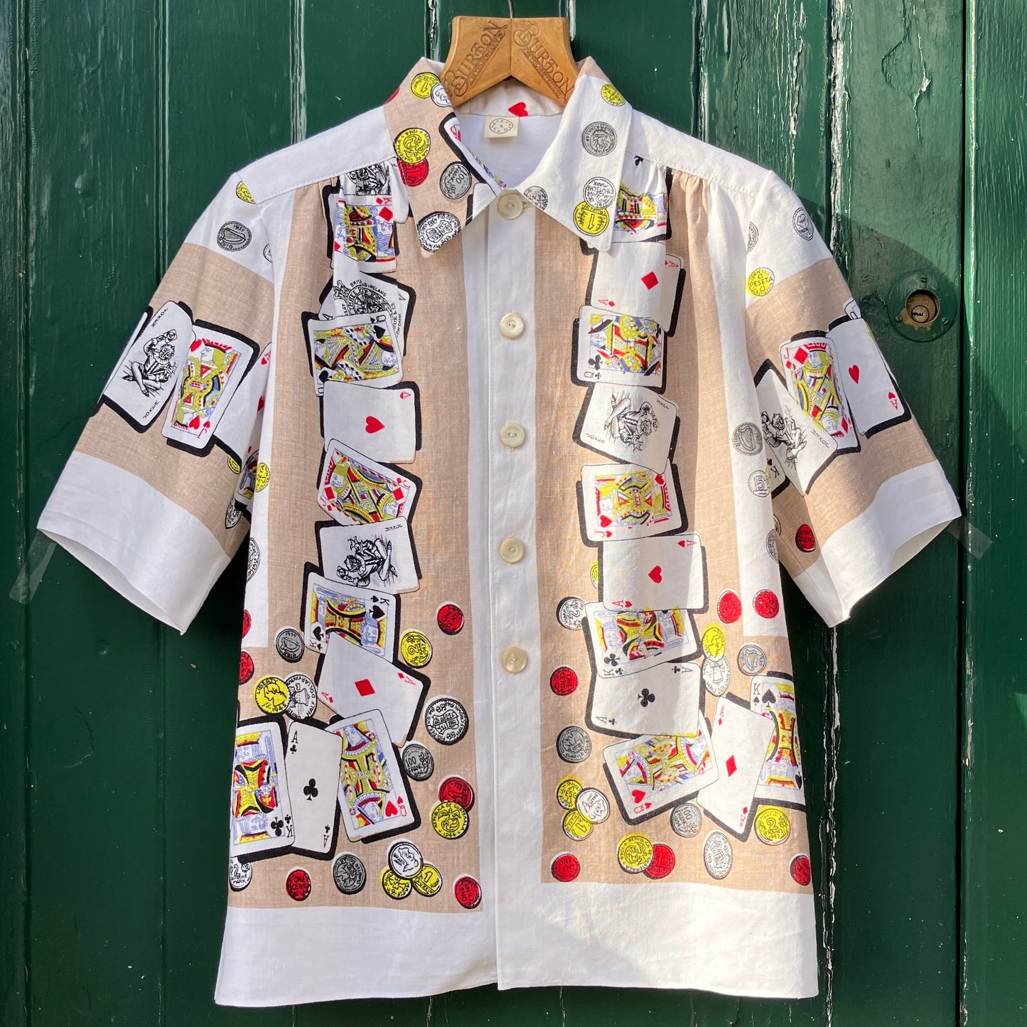 Shirt made from a vintage recycled tablecloth with playing cards print