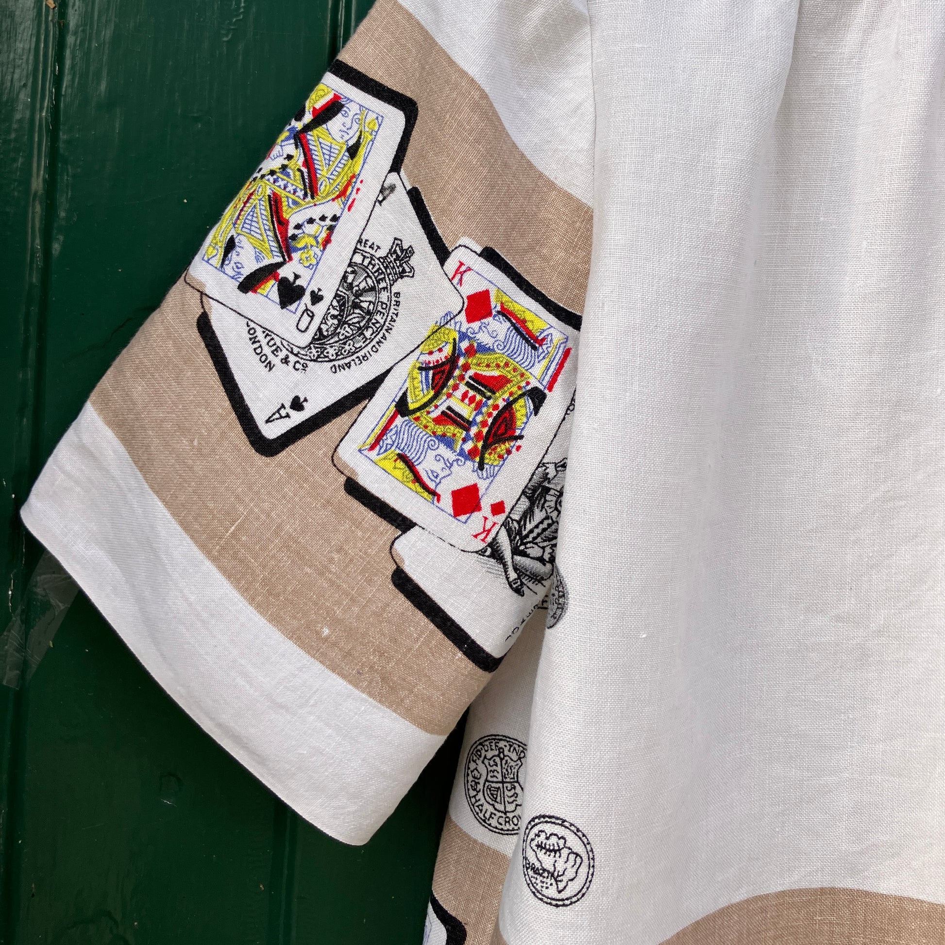 Shirt made from a vintage recycled tablecloth with playing cards print