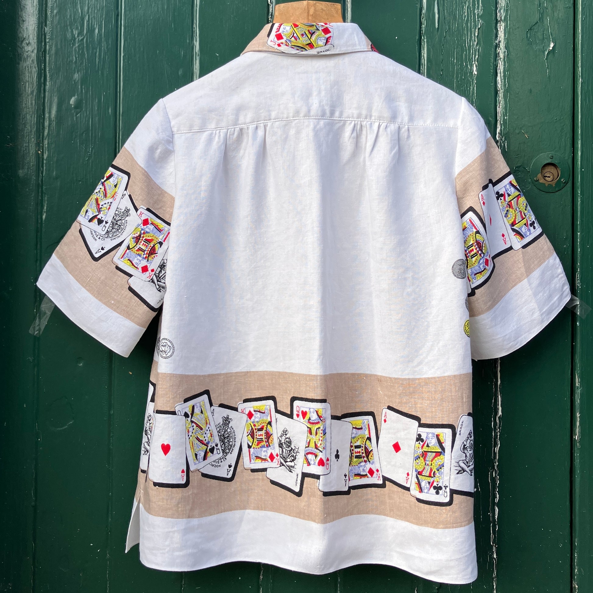 Shirt made from a vintage recycled tablecloth with playing cards print