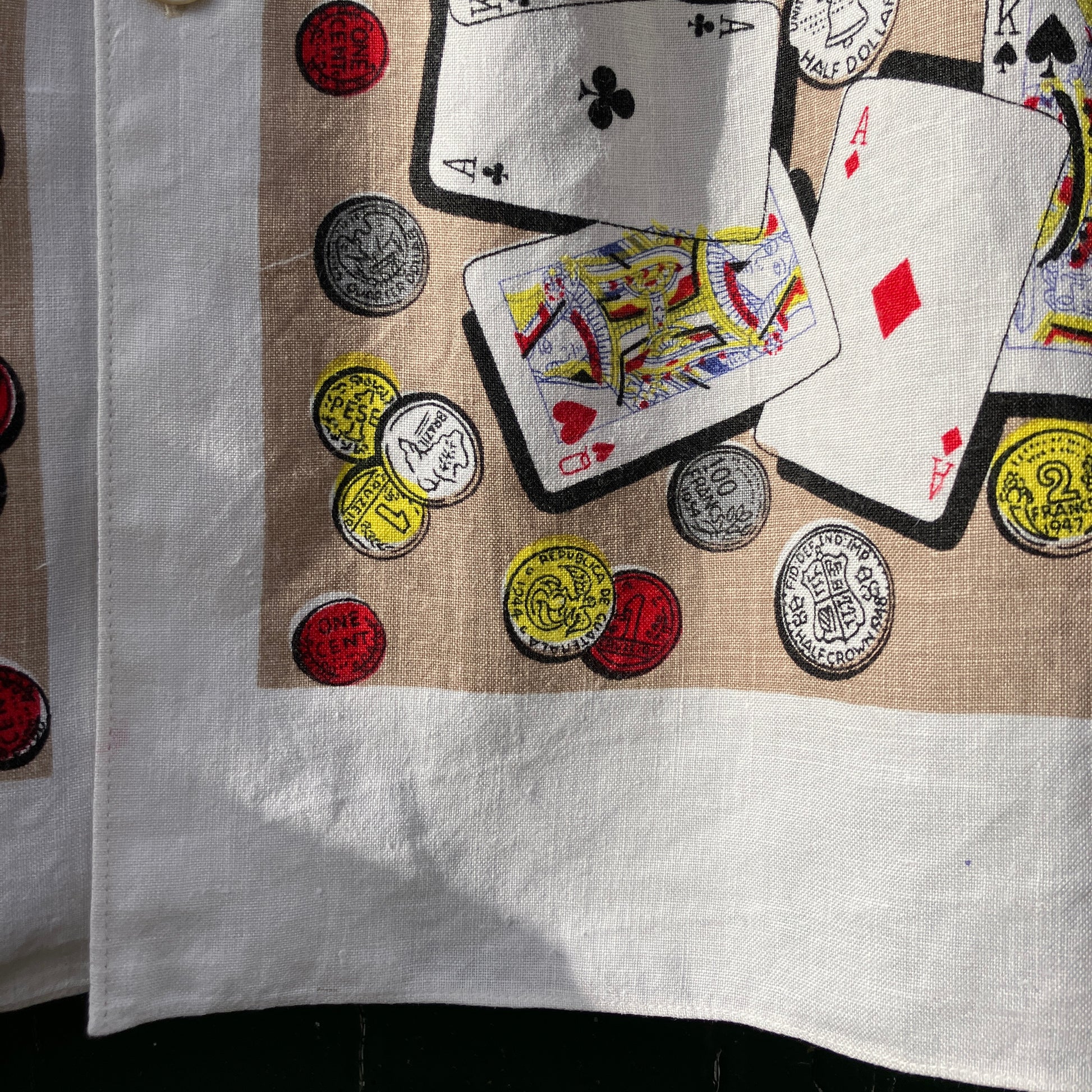 Shirt made from a vintage recycled tablecloth with playing cards print