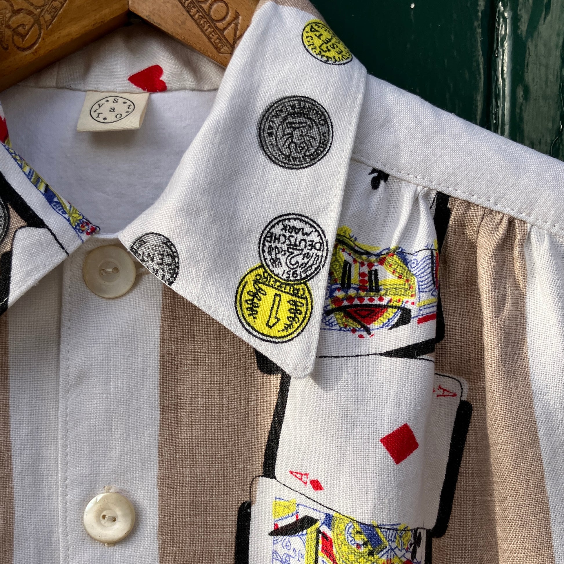 Shirt made from a vintage recycled tablecloth with playing cards print