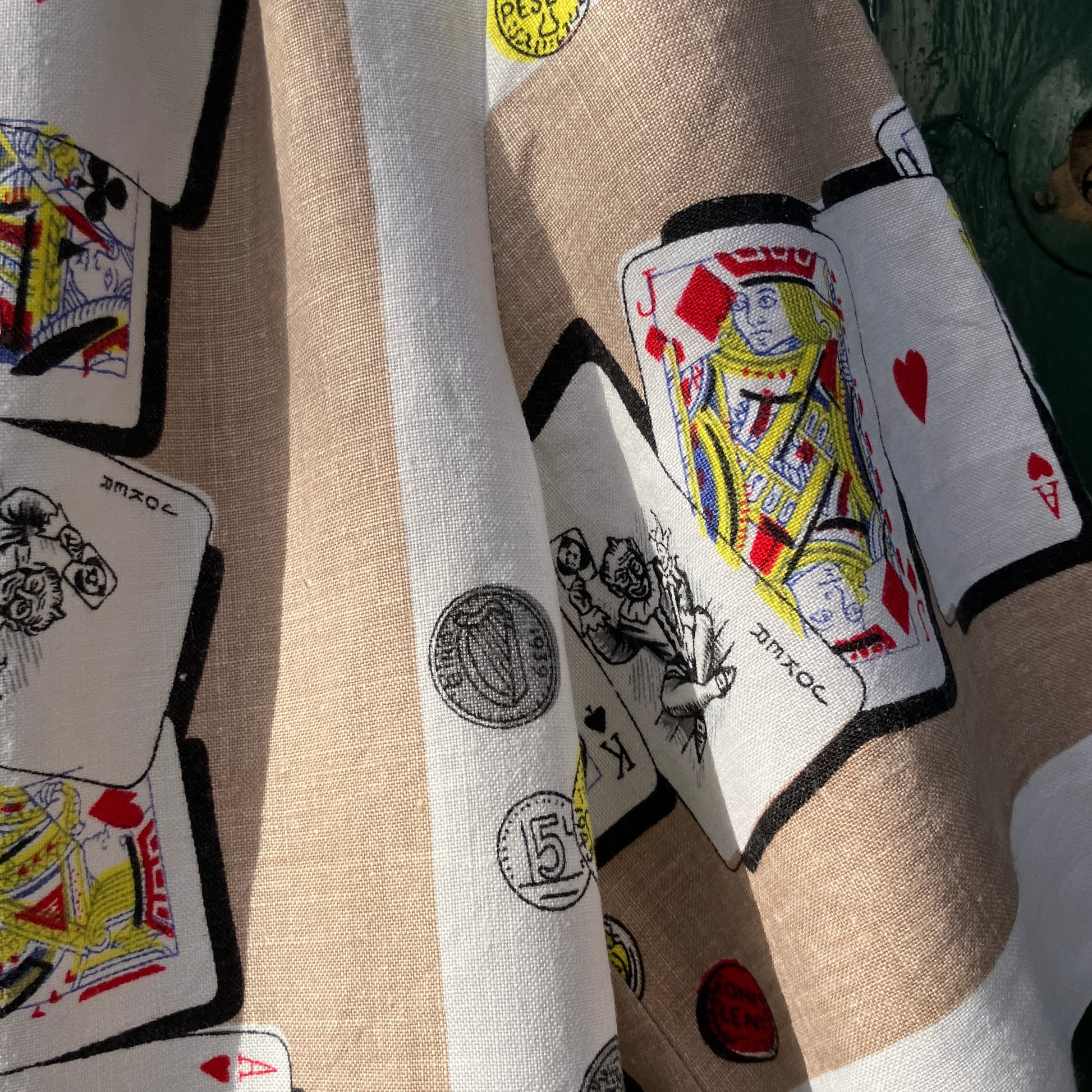 Shirt made from a vintage recycled tablecloth with playing cards print