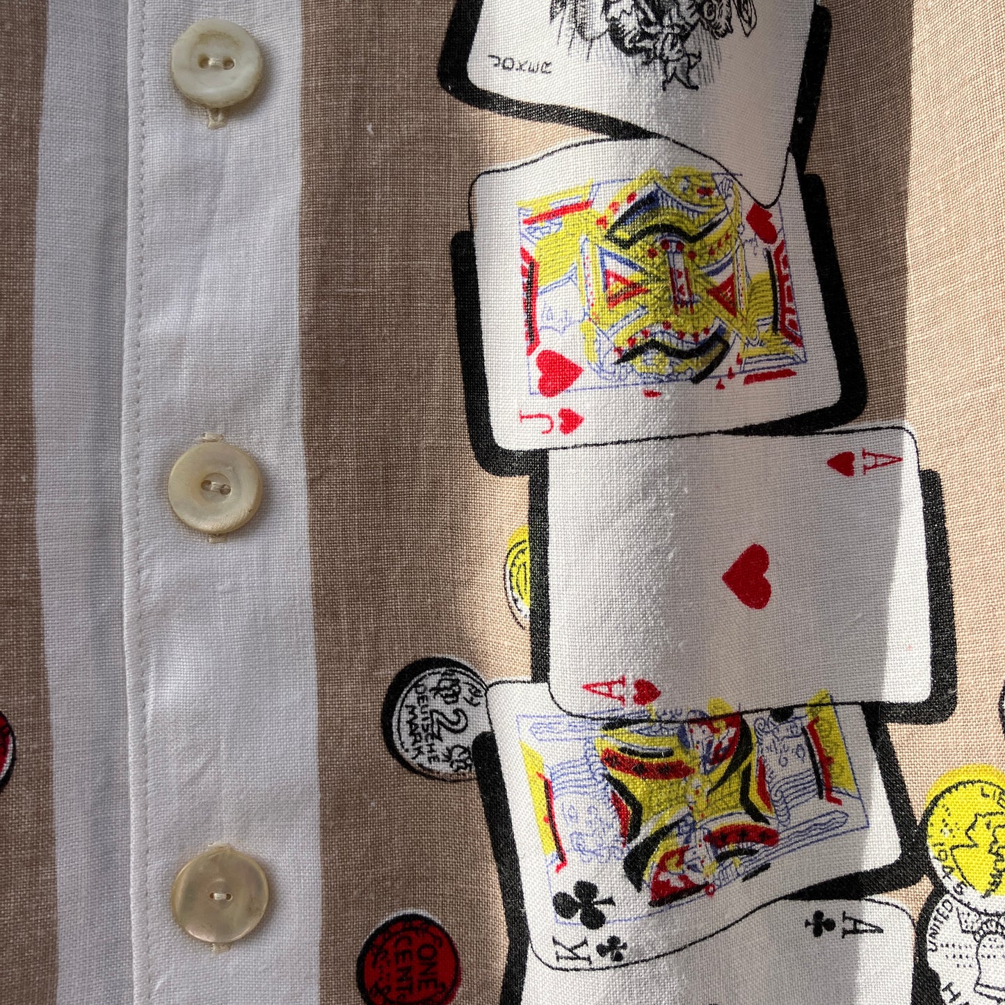 Shirt made from a vintage recycled tablecloth with playing cards print
