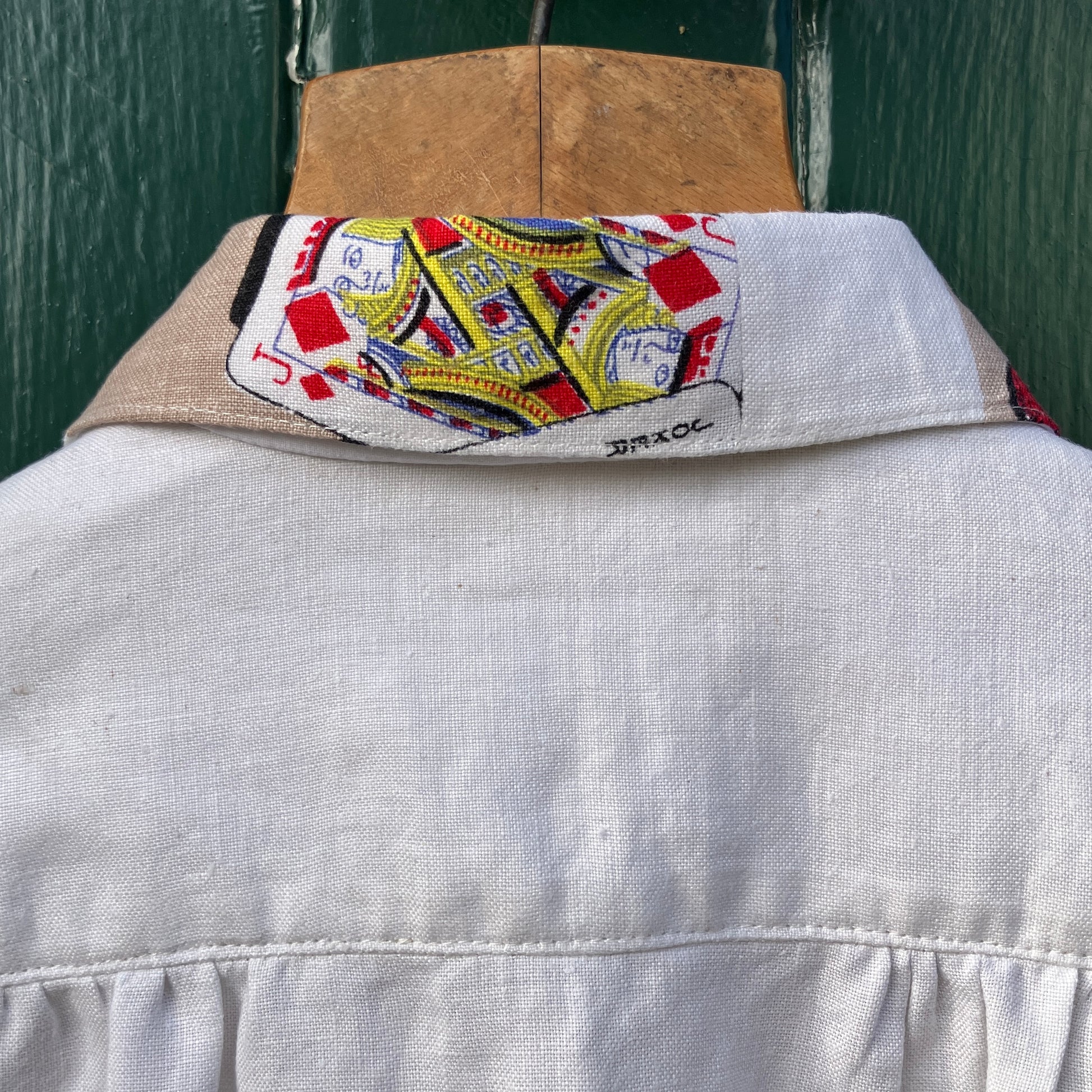 Shirt made from a vintage recycled tablecloth with playing cards print