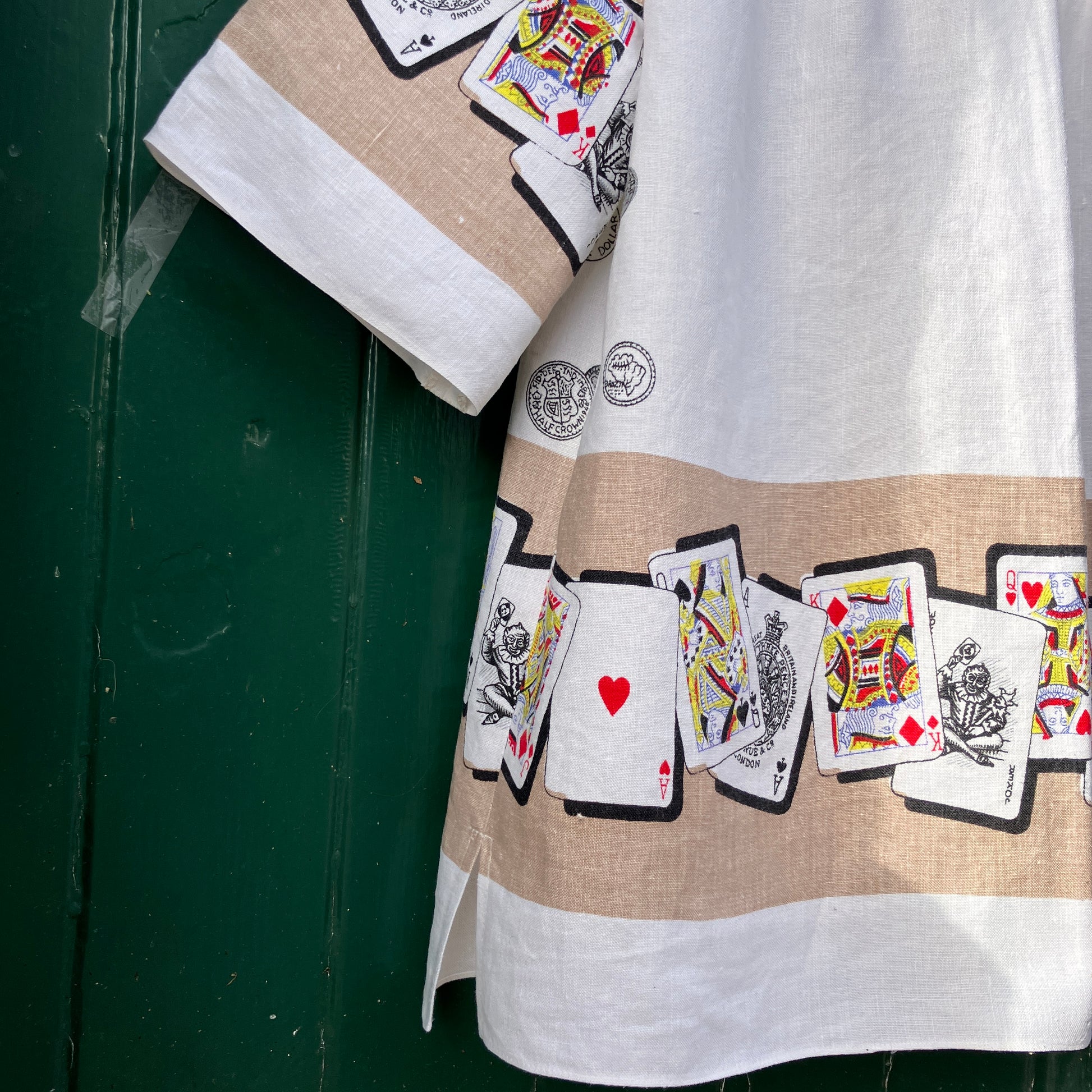 Shirt made from a vintage recycled tablecloth with playing cards print