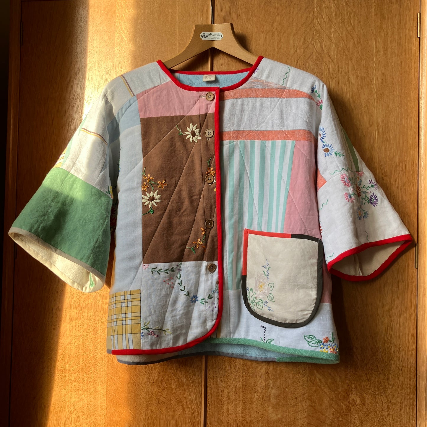 Quilted patchwork recycled tablecloth top/jacket