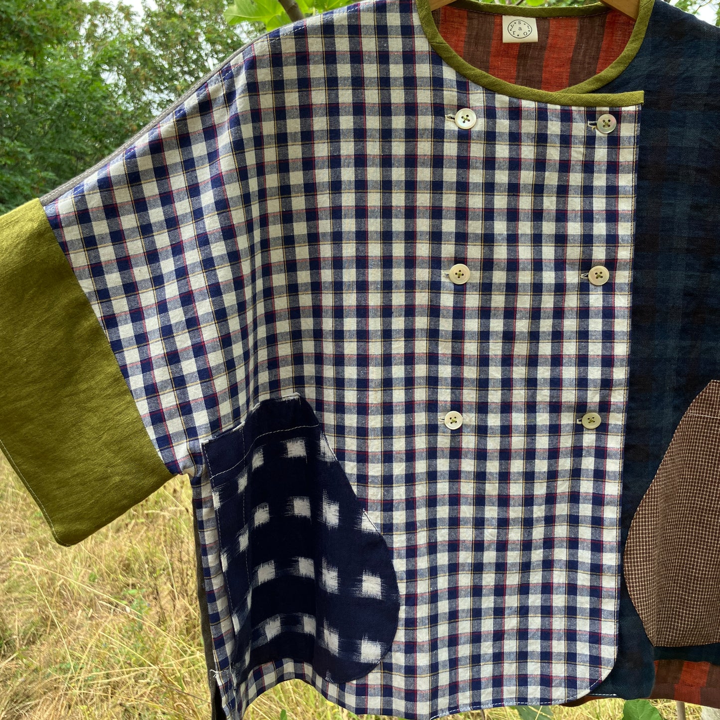 Reclaimed linen double-breasted patchwork top