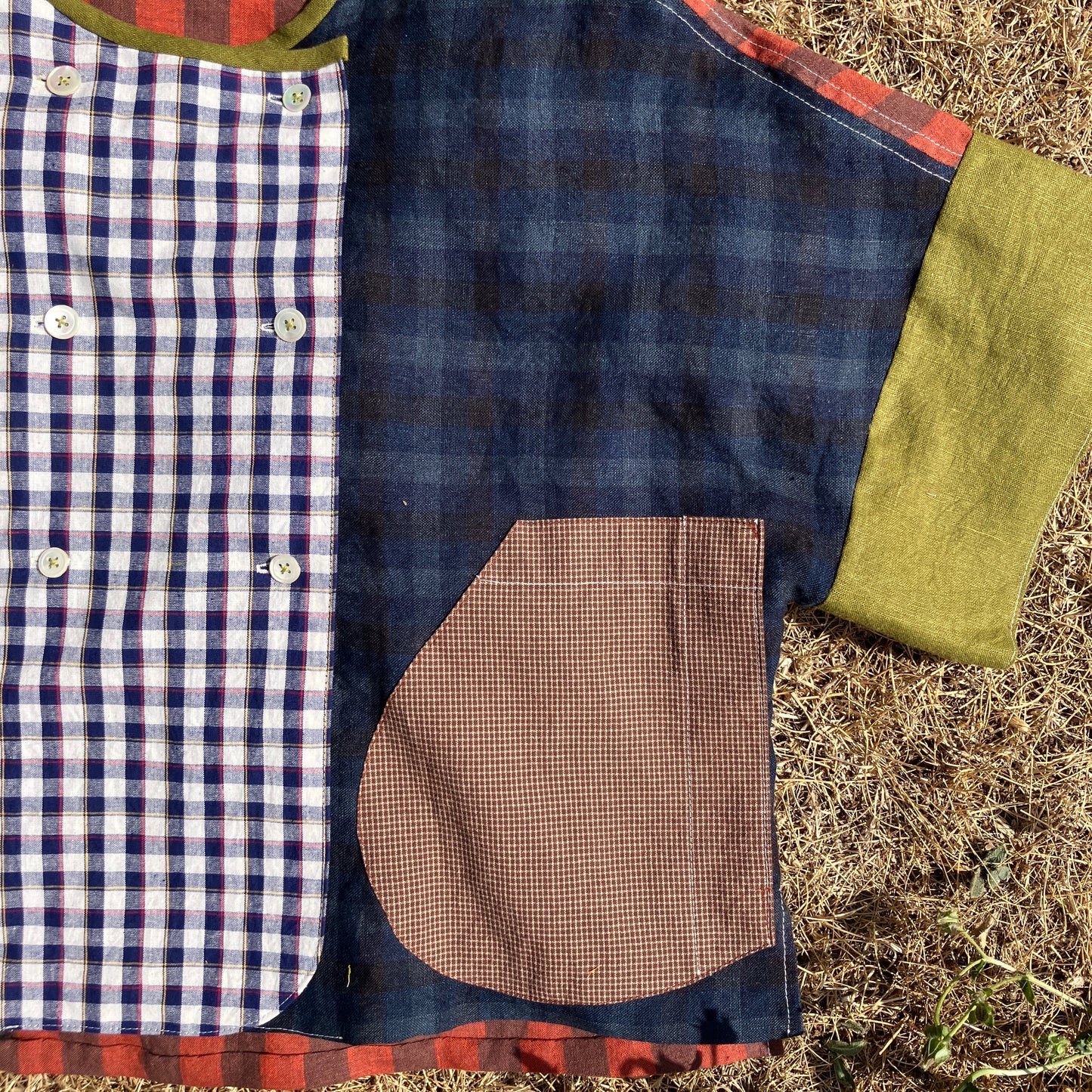 Reclaimed linen double-breasted patchwork top