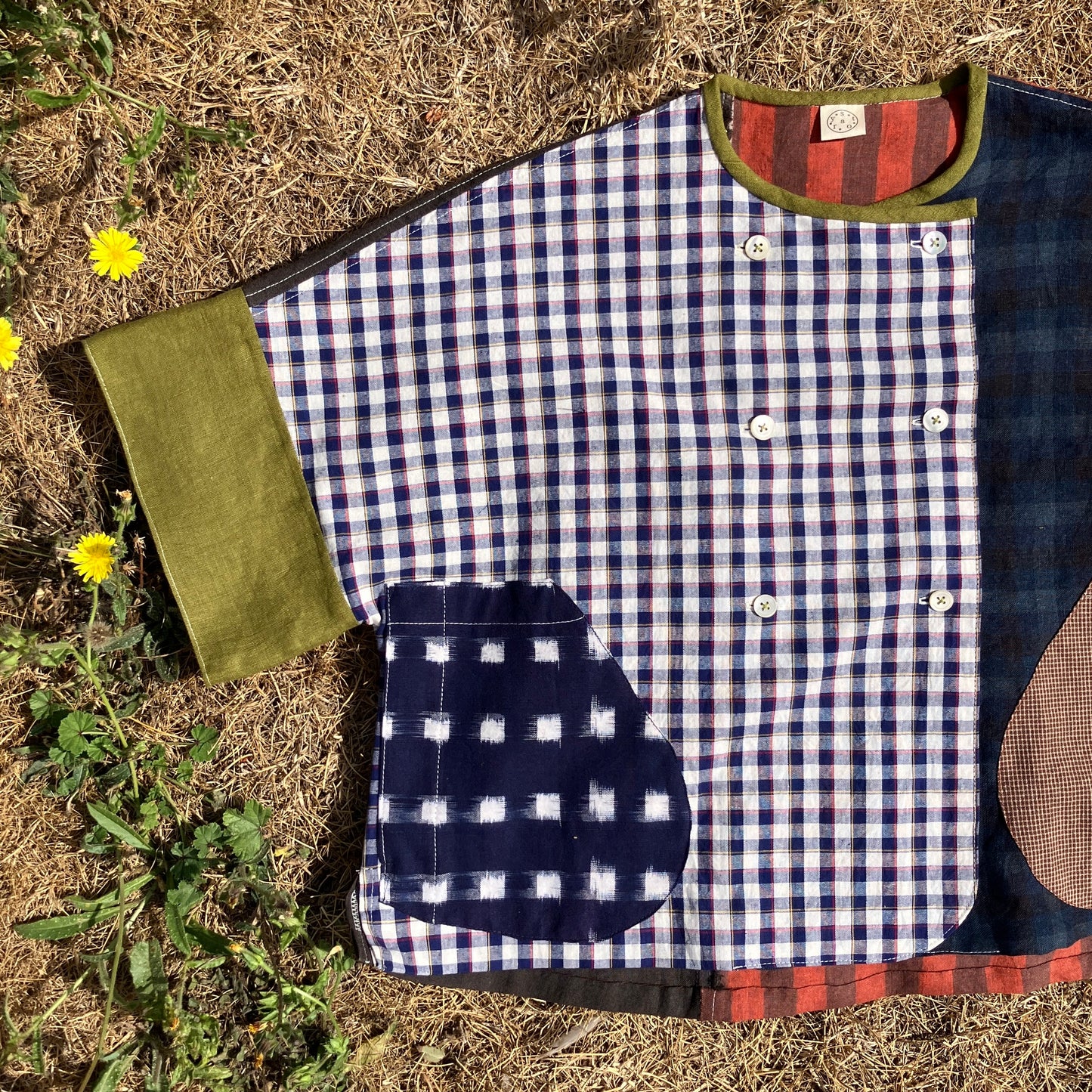 Reclaimed linen double-breasted patchwork top