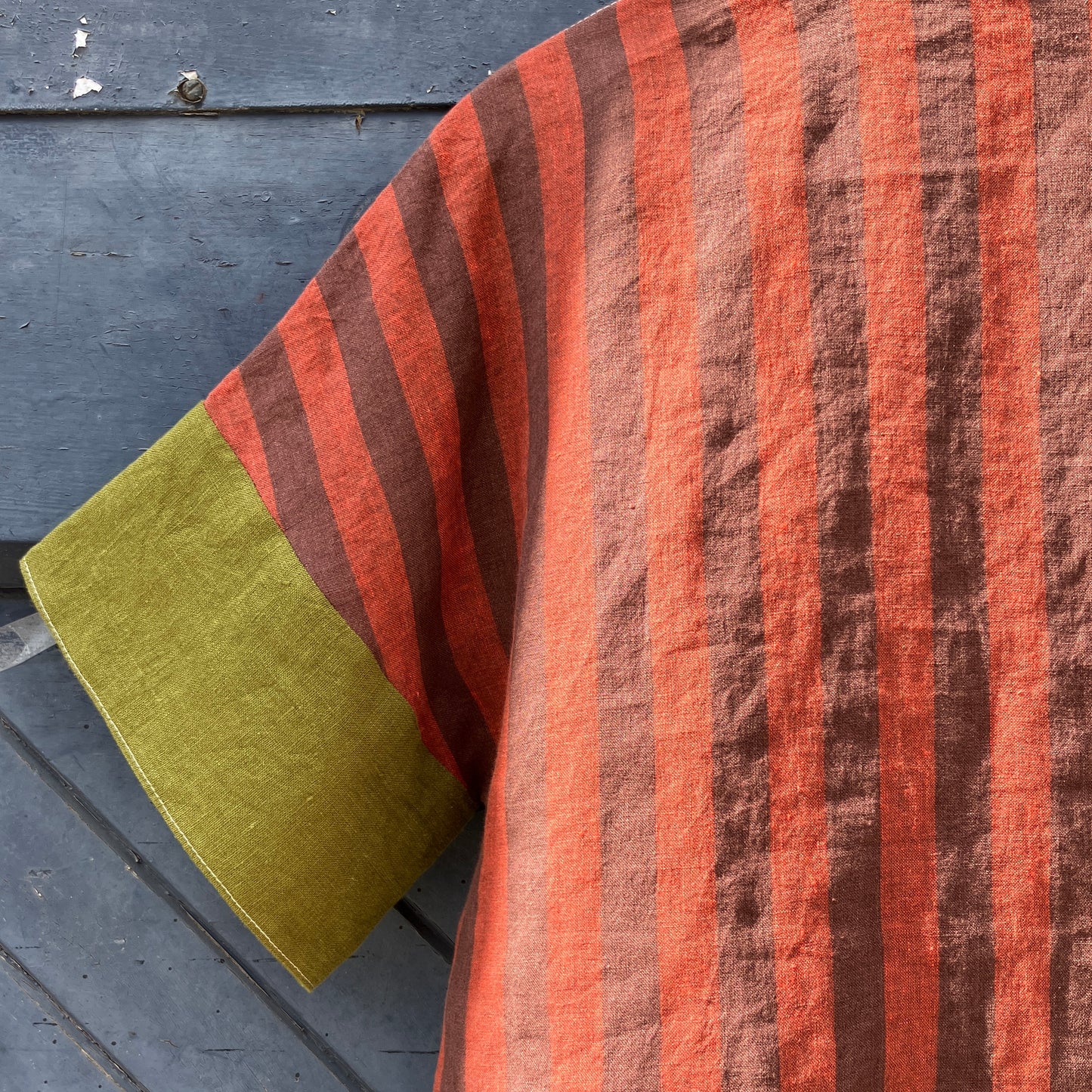 Reclaimed linen double-breasted patchwork top