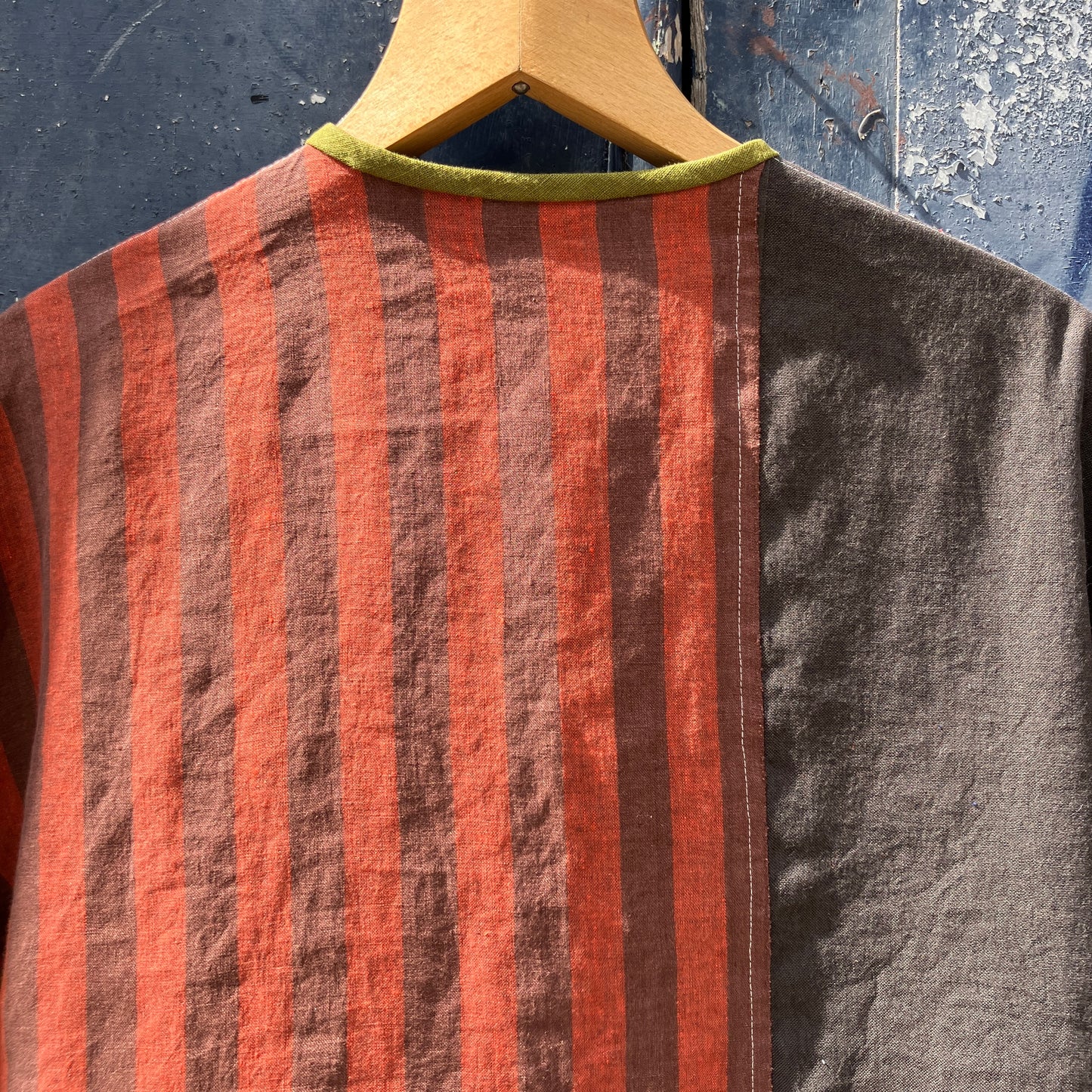 Reclaimed linen double-breasted patchwork top
