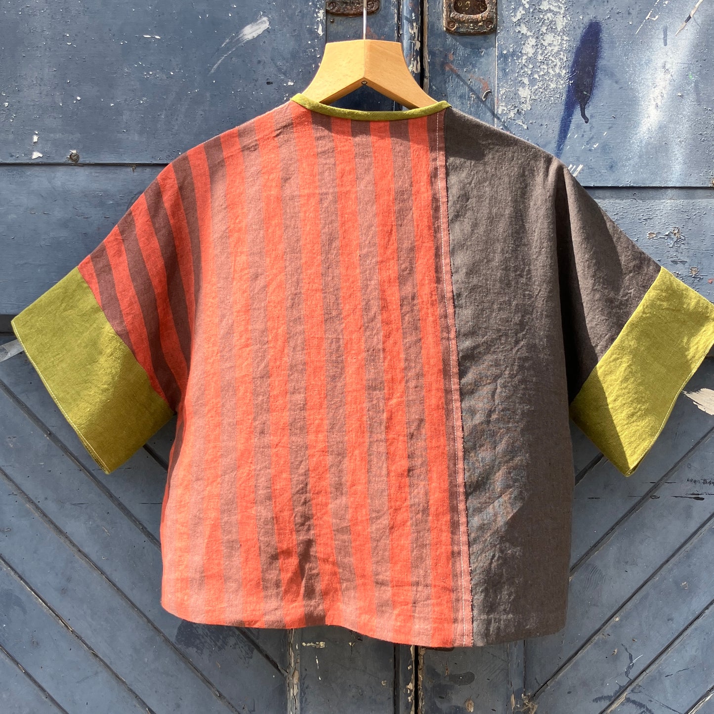 Reclaimed linen double-breasted patchwork top