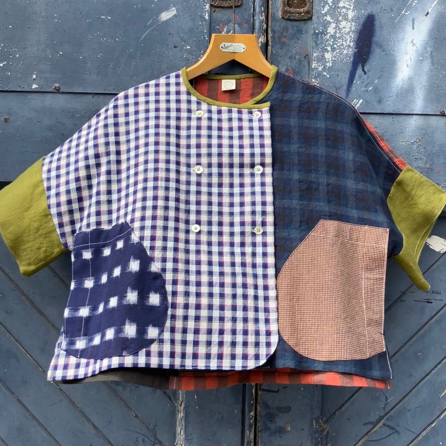 Reclaimed linen double-breasted patchwork top