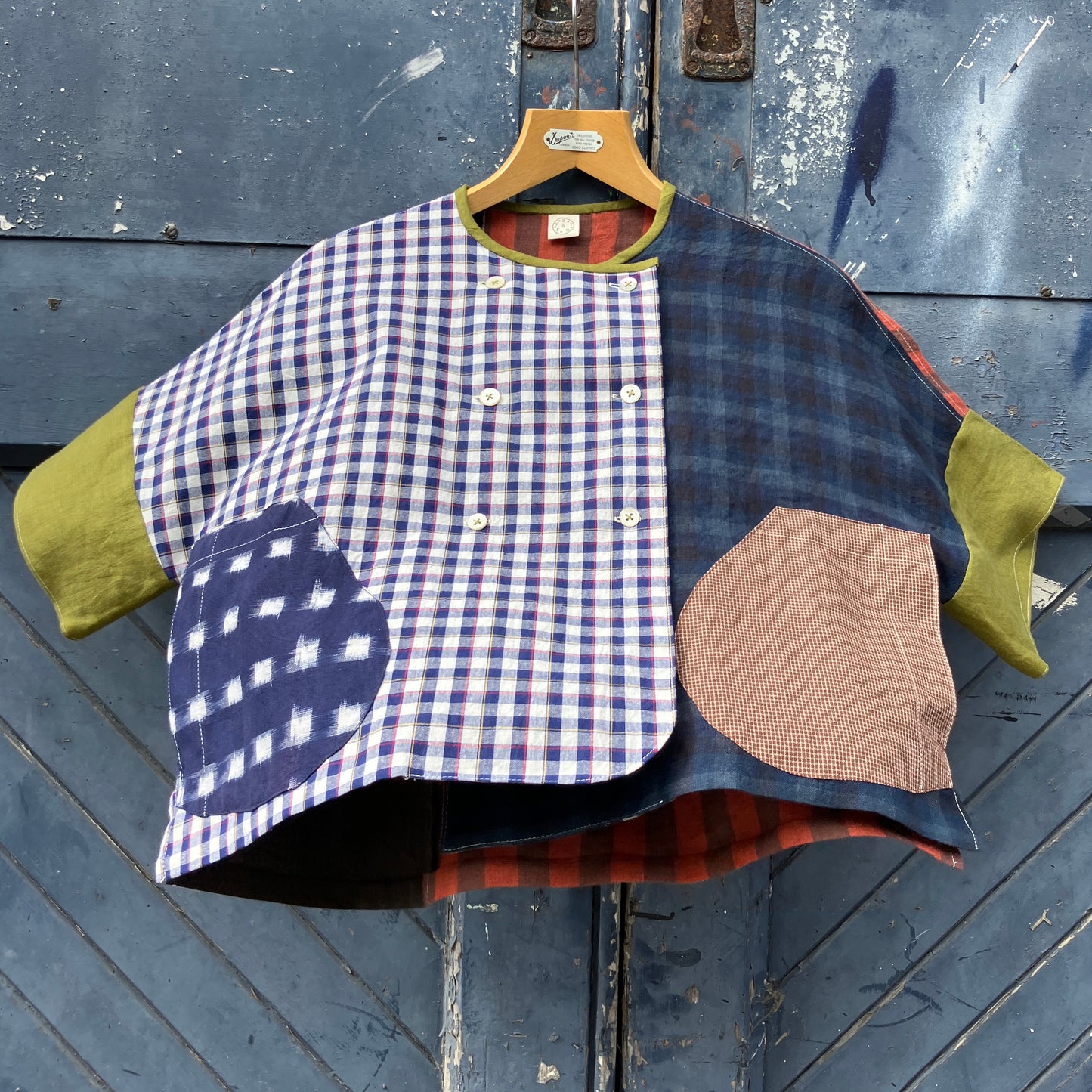 Reclaimed linen double-breasted patchwork top