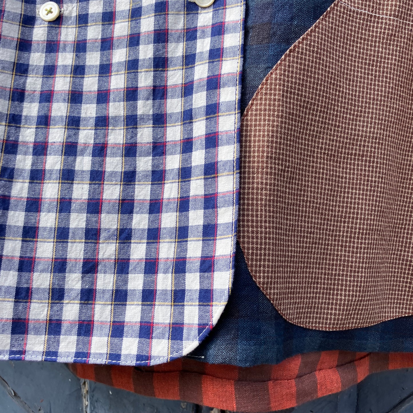 Reclaimed linen double-breasted patchwork top