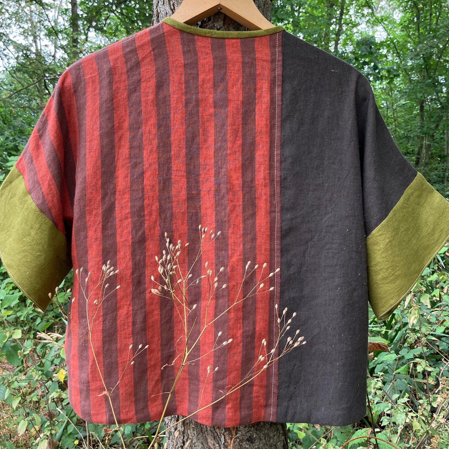 Reclaimed linen double-breasted patchwork top