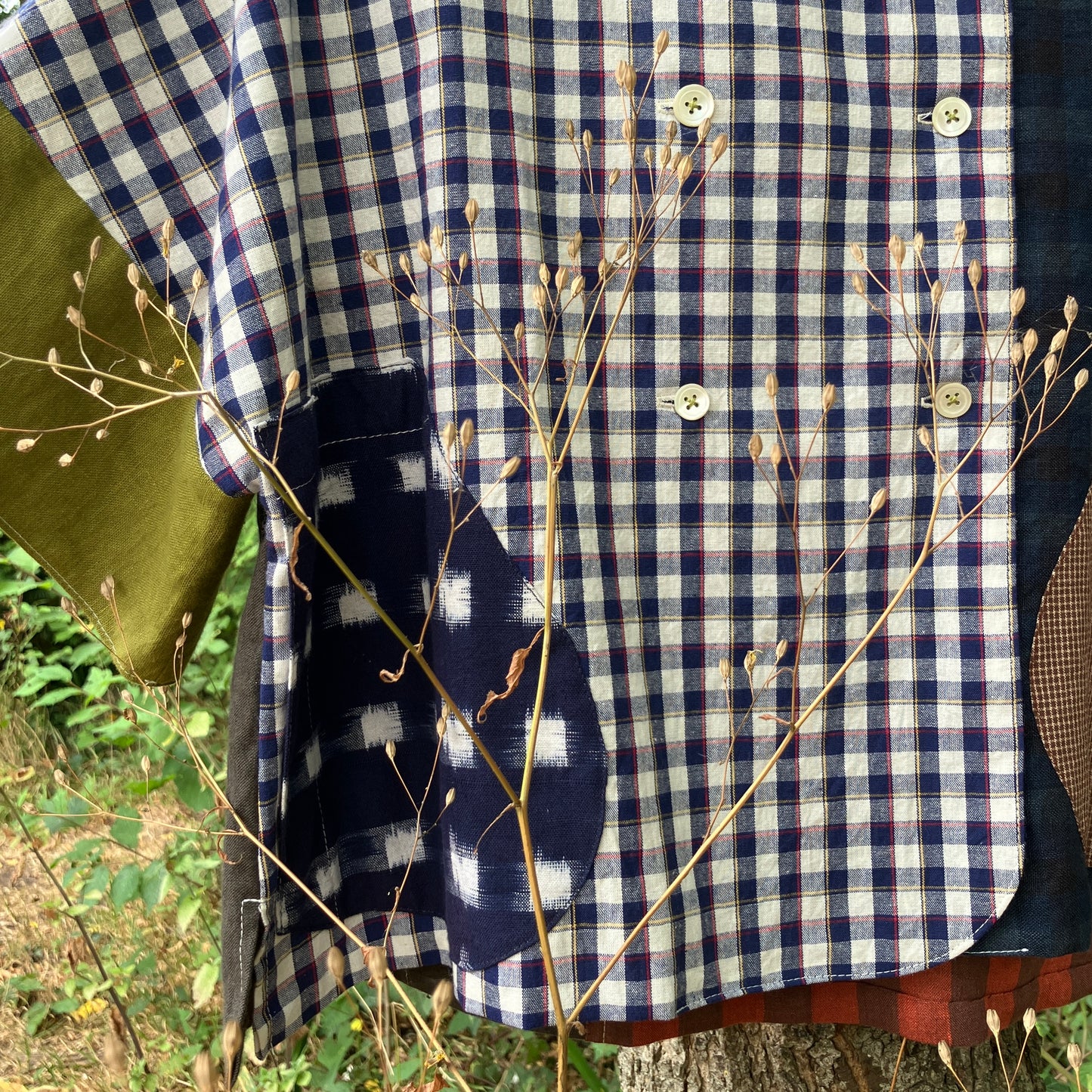 Reclaimed linen double-breasted patchwork top
