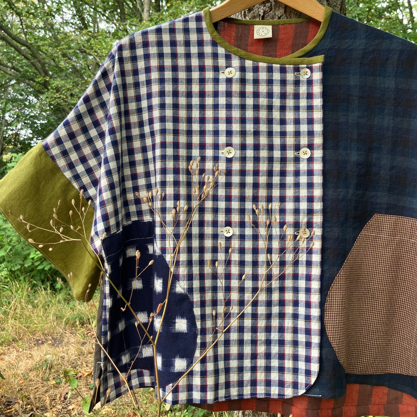 Reclaimed linen double-breasted patchwork top