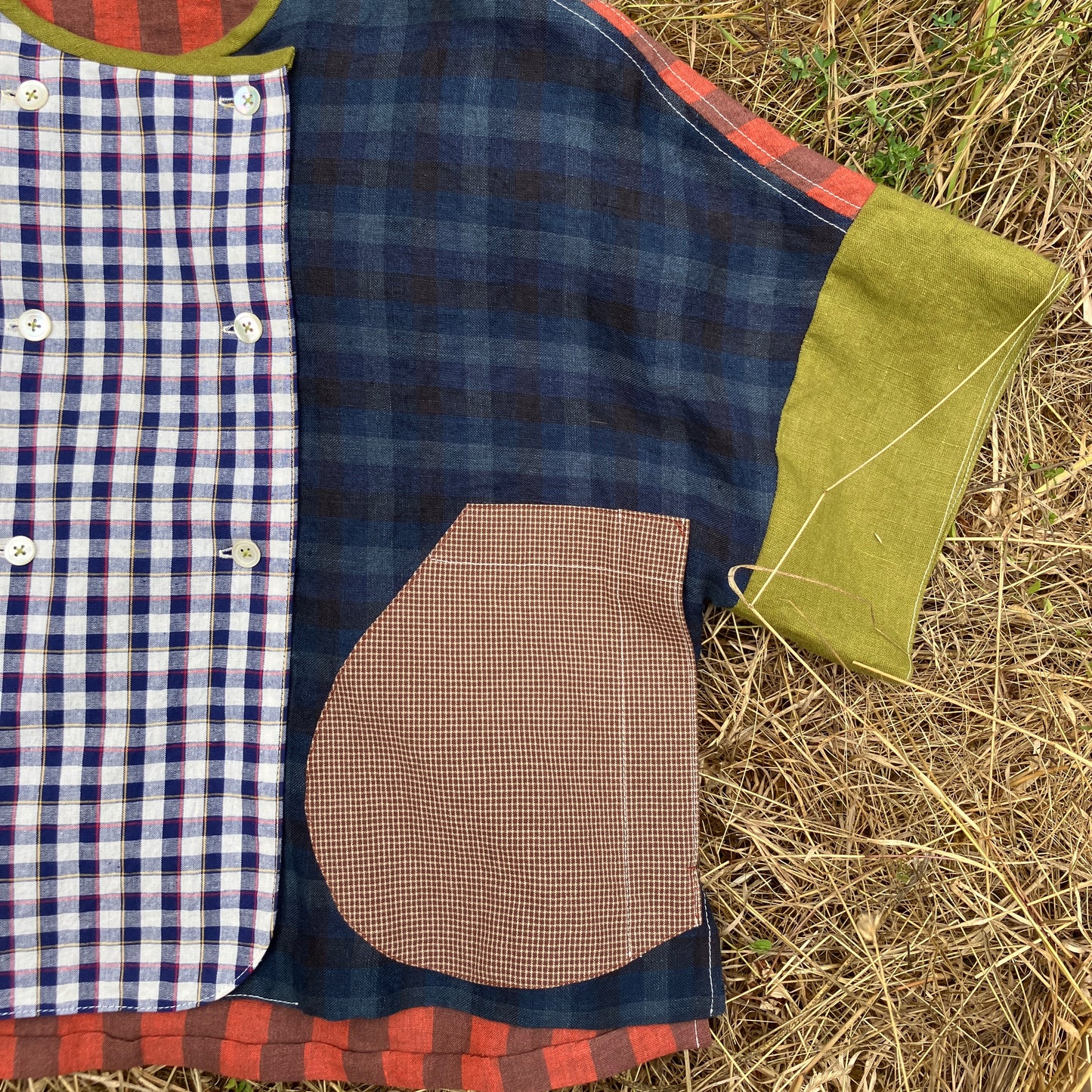 Reclaimed linen double-breasted patchwork top