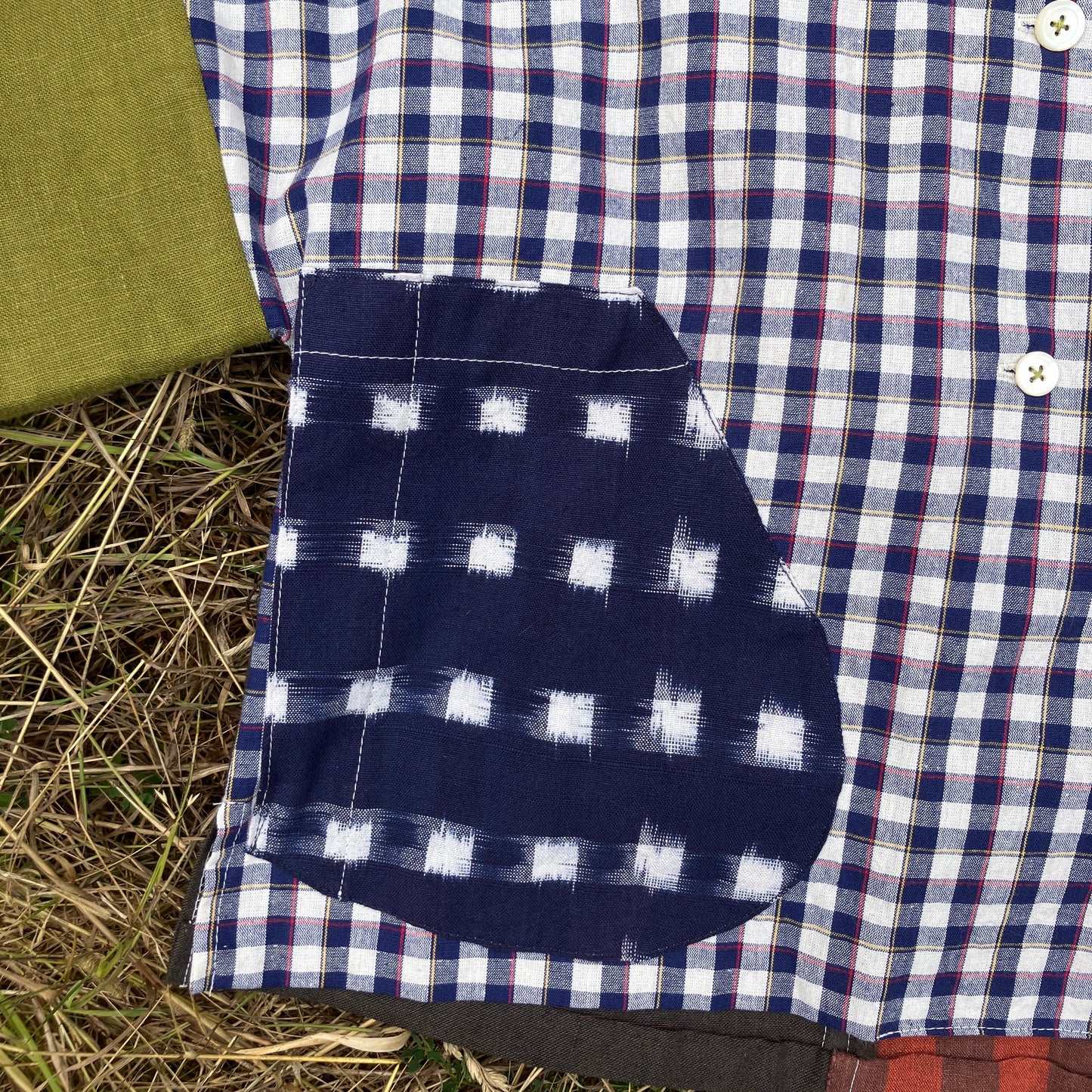 Reclaimed linen double-breasted patchwork top