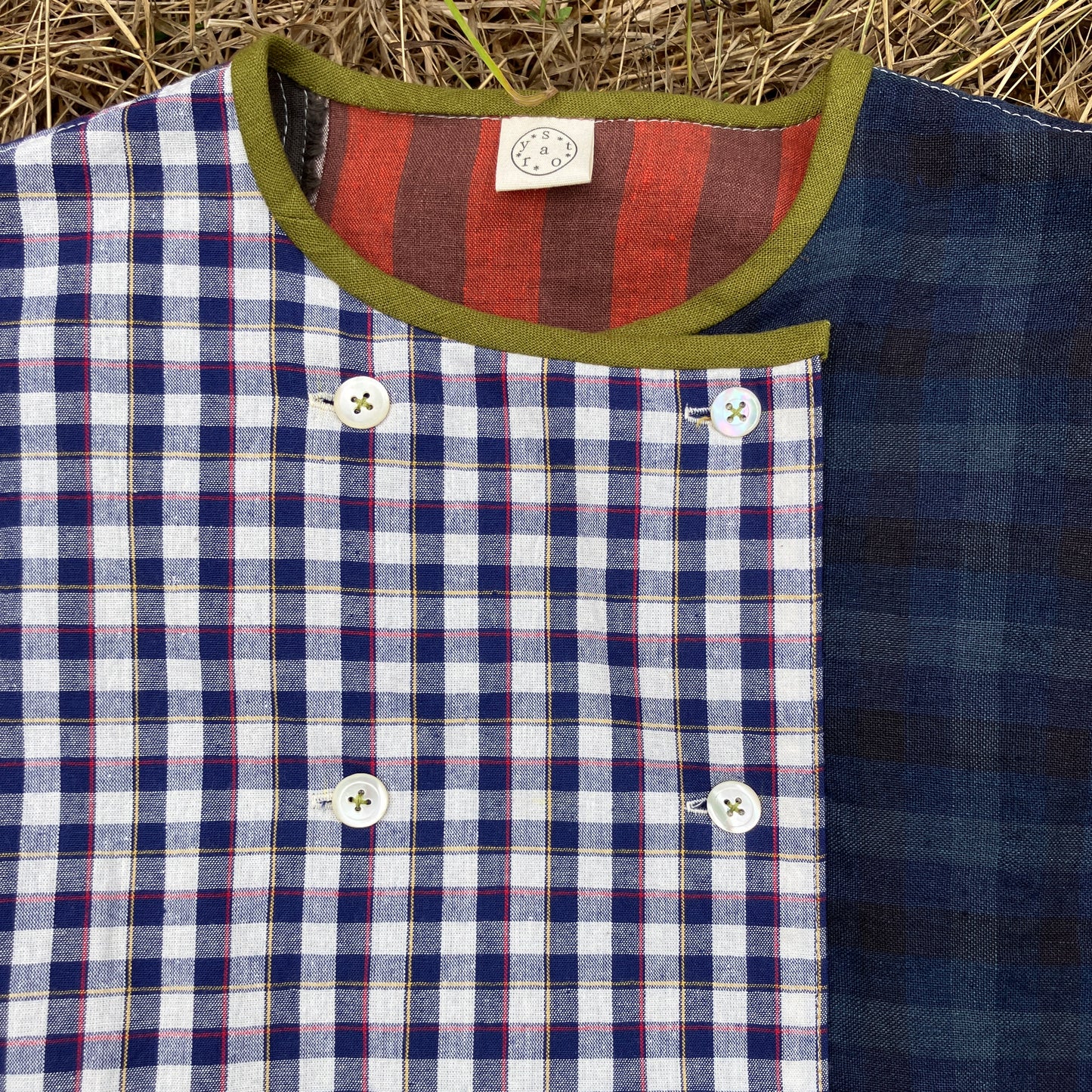 Reclaimed linen double-breasted patchwork top