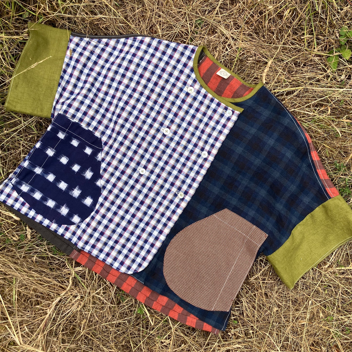 Reclaimed linen double-breasted patchwork top