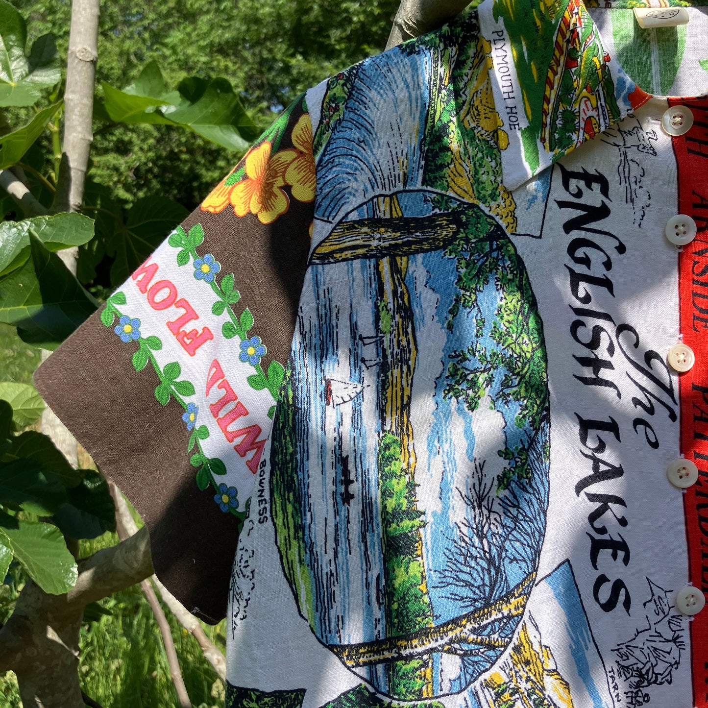 Shirt and shorts set made from vintage holiday souvenir tea towels