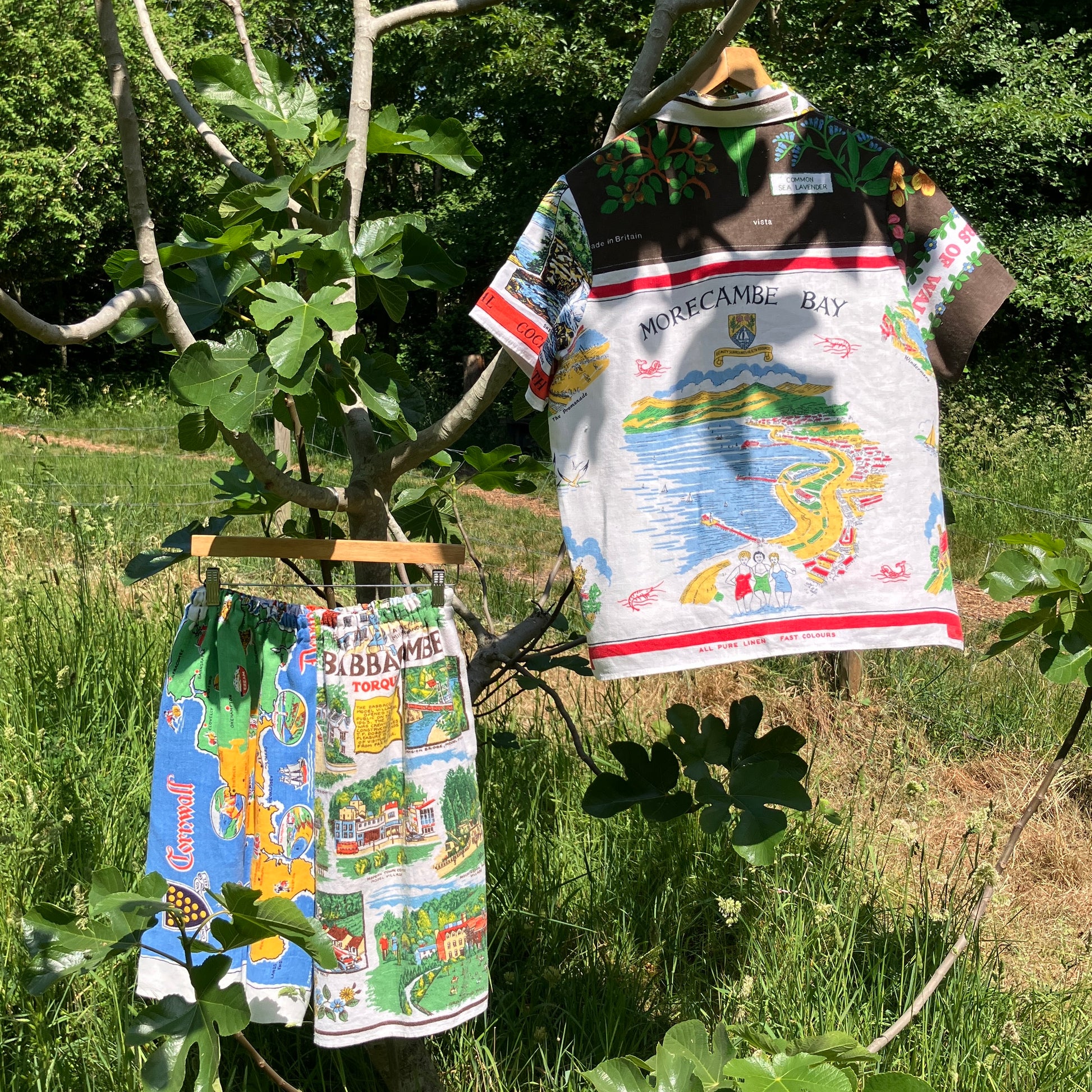 Shirt and shorts set made from vintage holiday souvenir tea towels