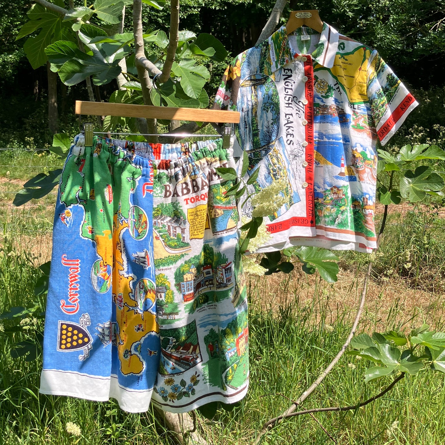 Shirt and shorts set made from vintage holiday souvenir tea towels